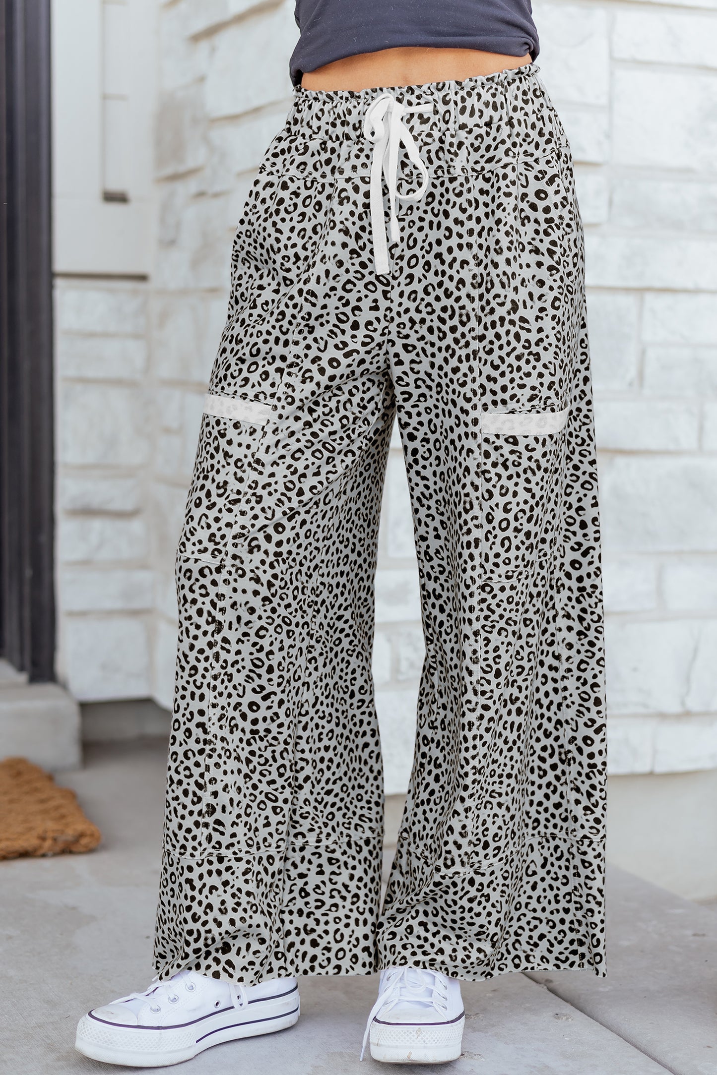 Gray Animal Print Wide Leg Terry Knit Pants-Bottoms/Pants & Culotte-[Adult]-[Female]-Gray-S-2022 Online Blue Zone Planet