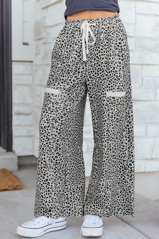 Gray Animal Print Wide Leg Terry Knit Pants-Bottoms/Pants & Culotte-[Adult]-[Female]-Gray-S-2022 Online Blue Zone Planet