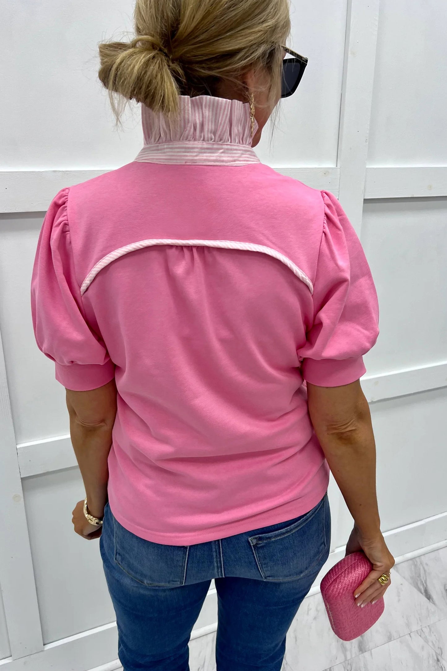Sachet Pink Striped Frilled Collar Short Sleeve Blouse-Tops/Blouses & Shirts-[Adult]-[Female]-2022 Online Blue Zone Planet