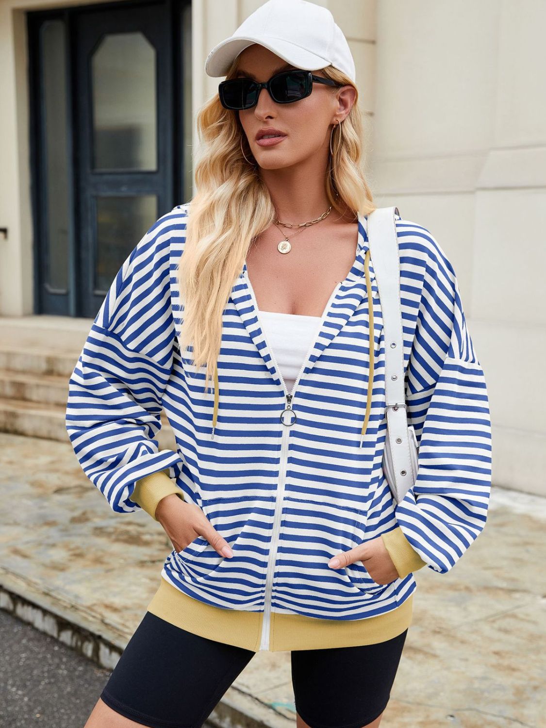 Drawstring Striped Zip Up Long Sleeve Hoodie-TOPS / DRESSES-[Adult]-[Female]-2022 Online Blue Zone Planet