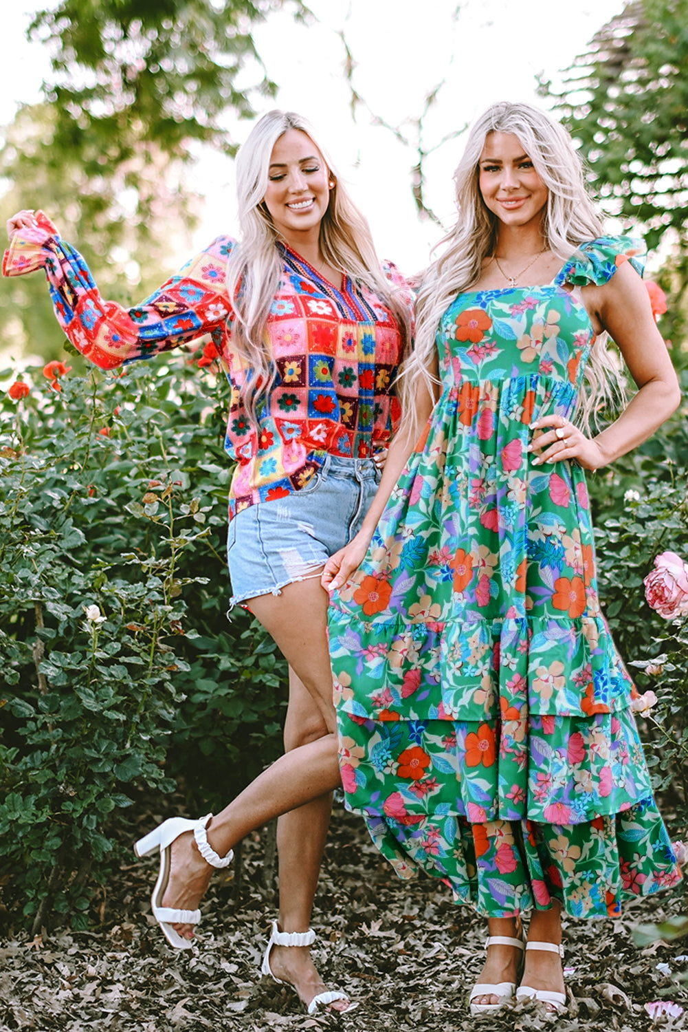 Blue Zone Planet |  Green Floral Print Sleeveless Ruffle Tiered Maxi Dress Blue Zone Planet