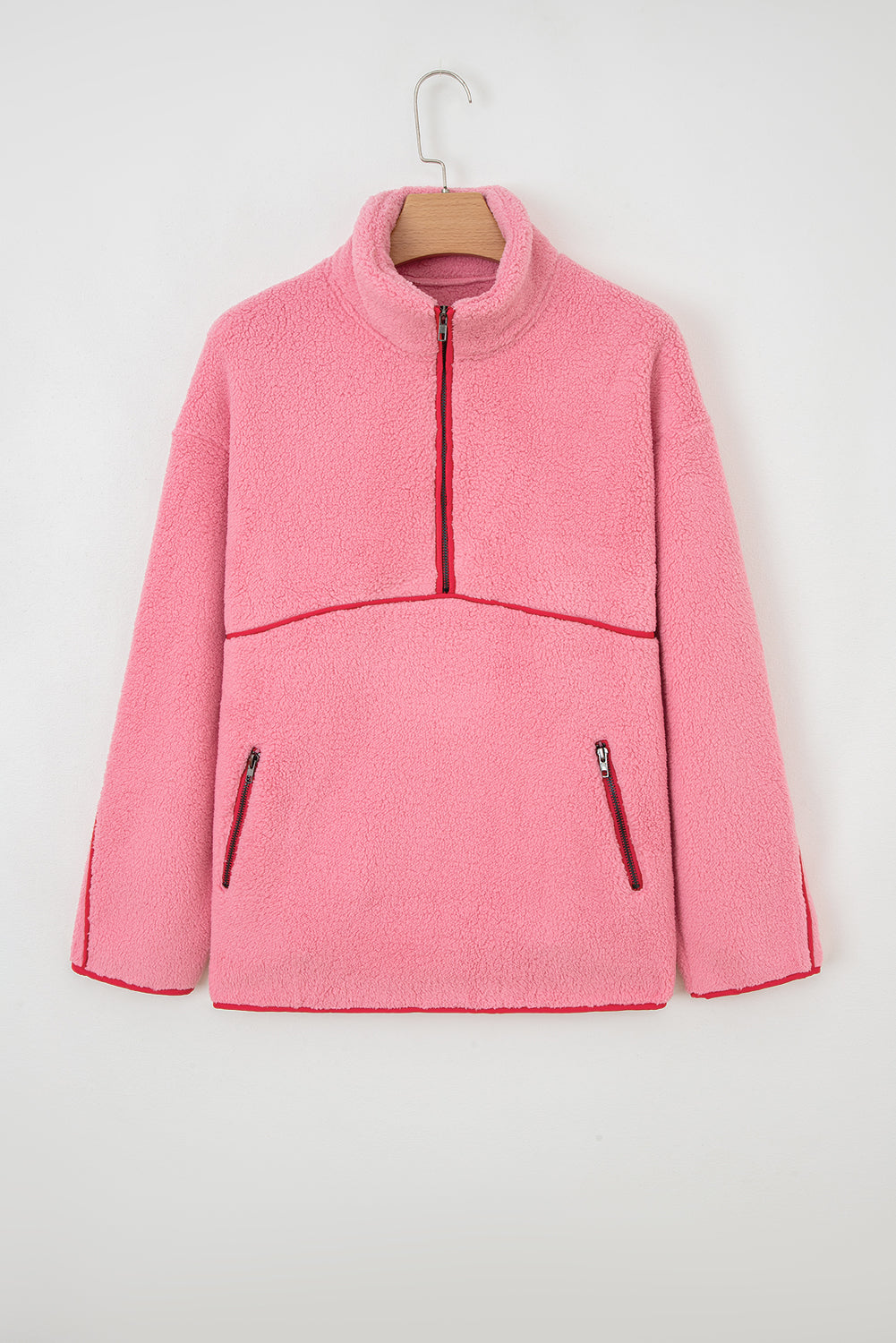 Strawberry Pink Sherpa Contrast Faux Leather Trim Half Zip Pocketed Pullover Sweatshirt-Tops/Sweatshirts & Hoodies-[Adult]-[Female]-2022 Online Blue Zone Planet