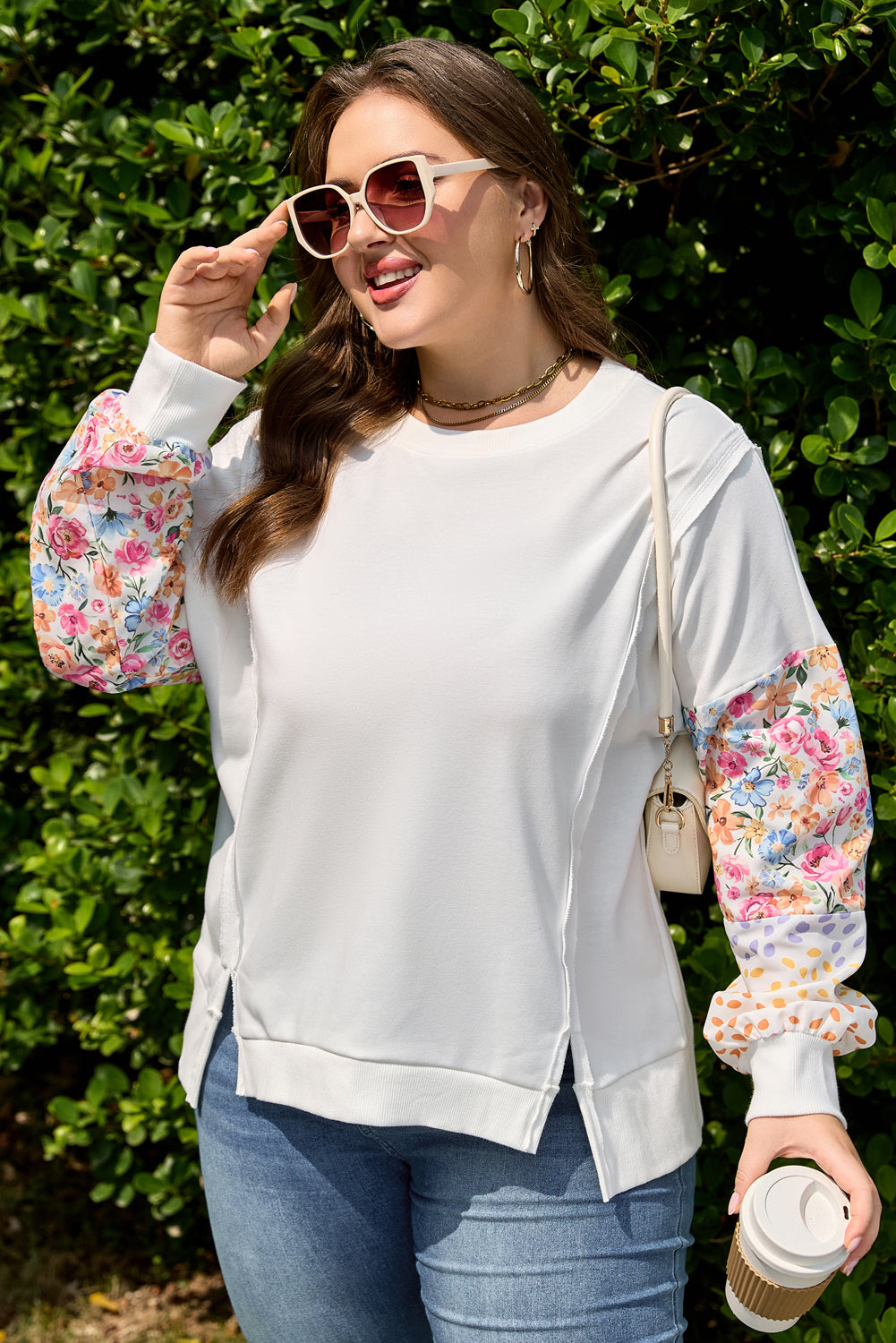 White Plus Size Exposed Seam Detail Contrast Dot Floral Patchwork Sleeve Sweatshirt-Plus Size/Plus Size Sweatshirts & Hoodies-[Adult]-[Female]-2022 Online Blue Zone Planet