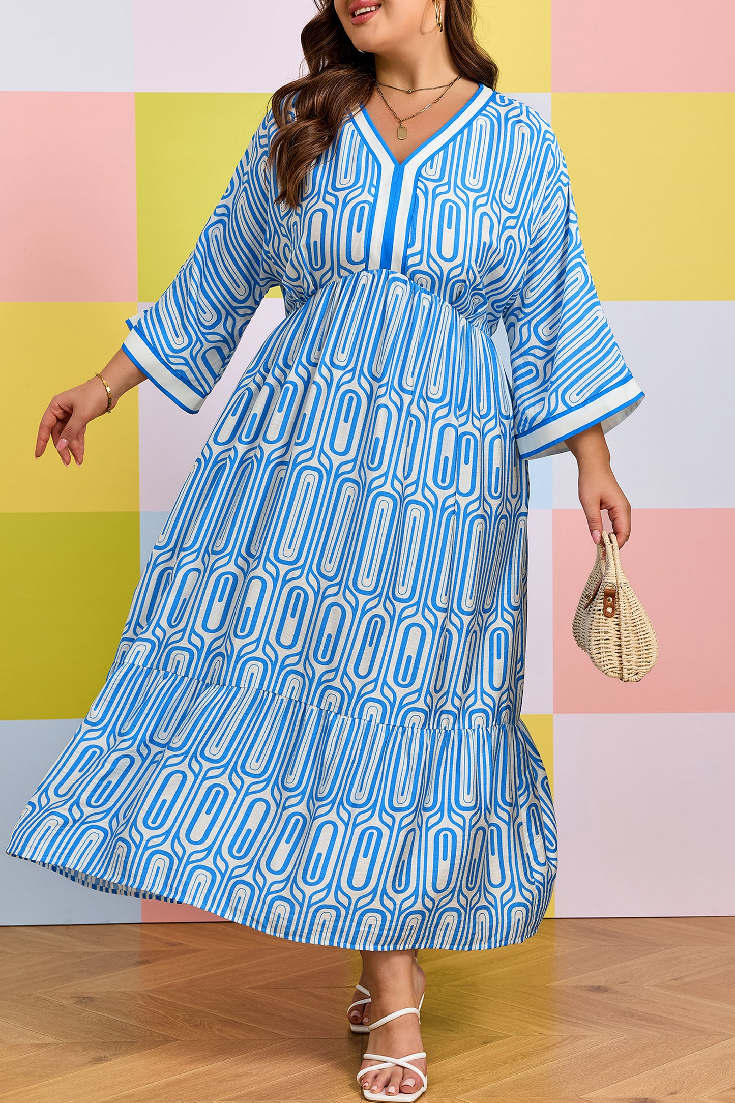 Sky Blue Plus Size Geometric Print Contrast Trim V Neck Bracelet Sleeve Long Dress-Bracelet-[Adult]-[Female]-2022 Online Blue Zone Planet