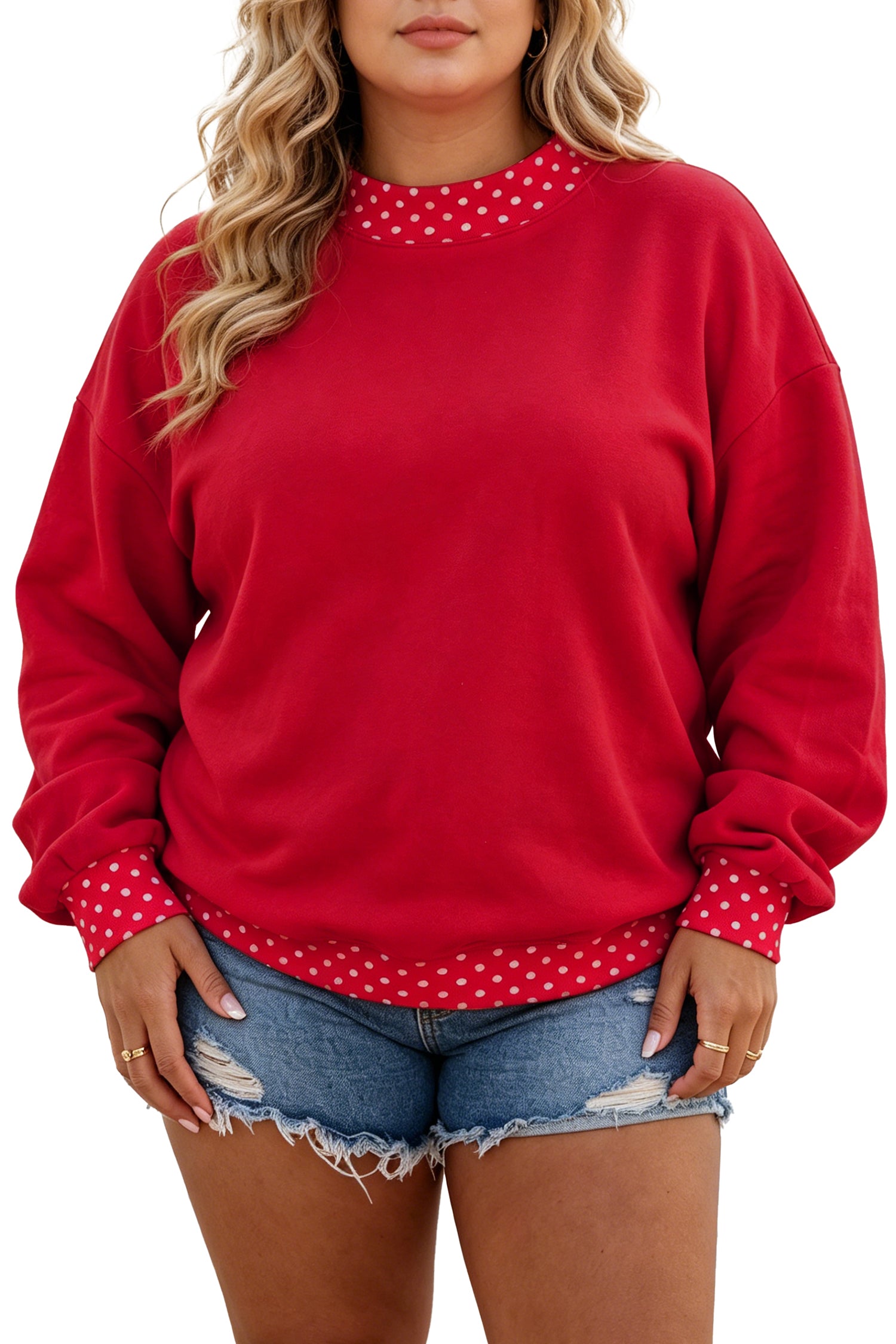 Orange Polka Dot Patchwork Round Neck Plus Size Sweatshirt-Plus Size/Plus Size Sweatshirts & Hoodies-[Adult]-[Female]-2022 Online Blue Zone Planet