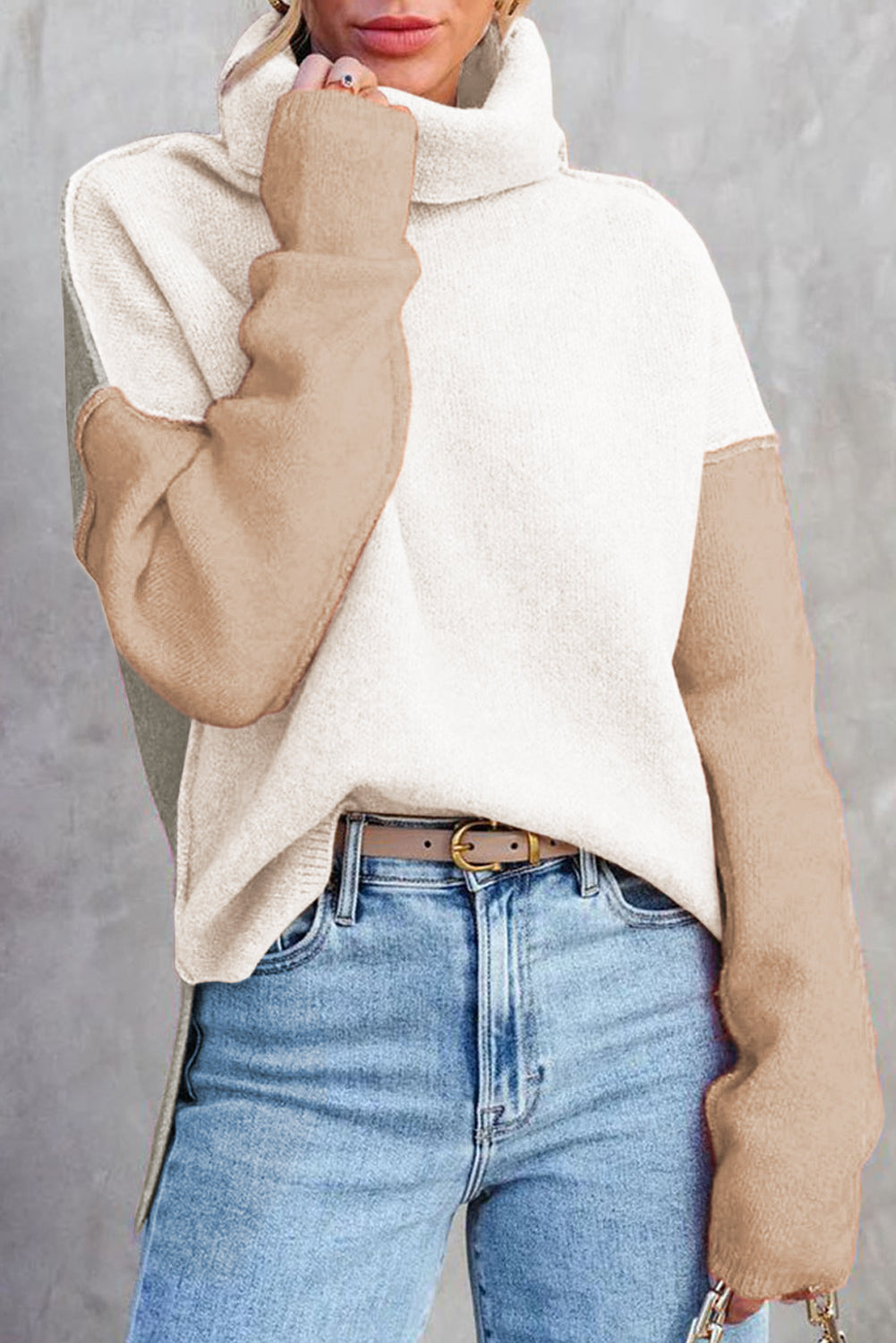 White Color Block Turtle Neck Drop Shoulder Knit Sweater-TOPS / DRESSES-[Adult]-[Female]-White-S-2022 Online Blue Zone Planet