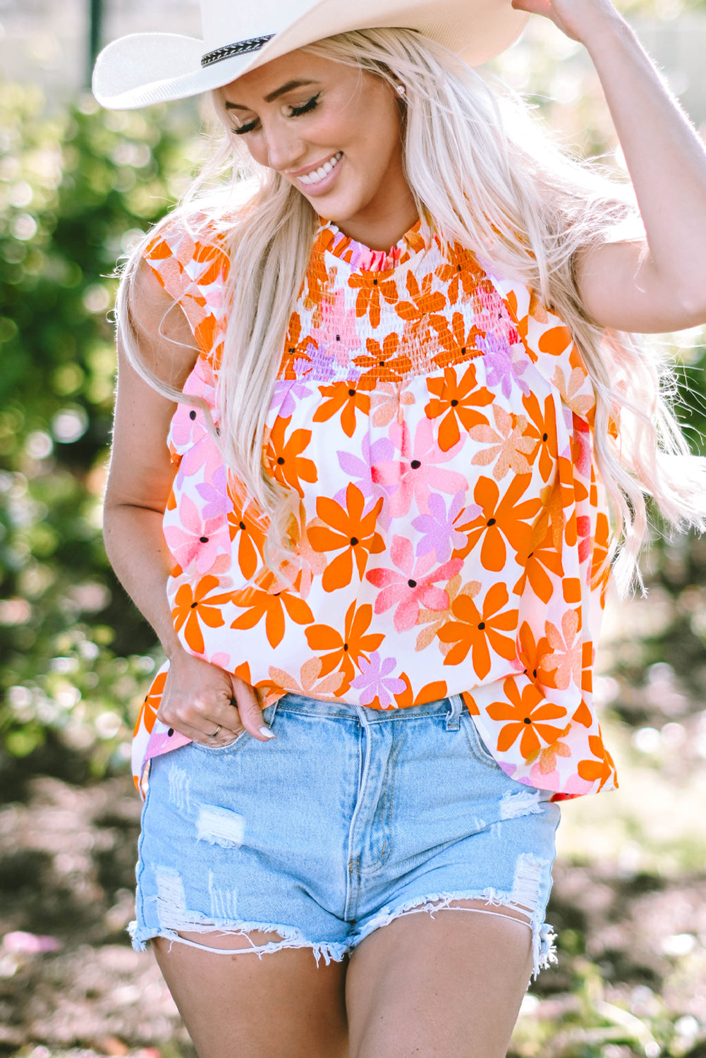 Orange Ruffled Sleeve Smocked Floral Top-Tops/Blouses & Shirts-[Adult]-[Female]-2022 Online Blue Zone Planet
