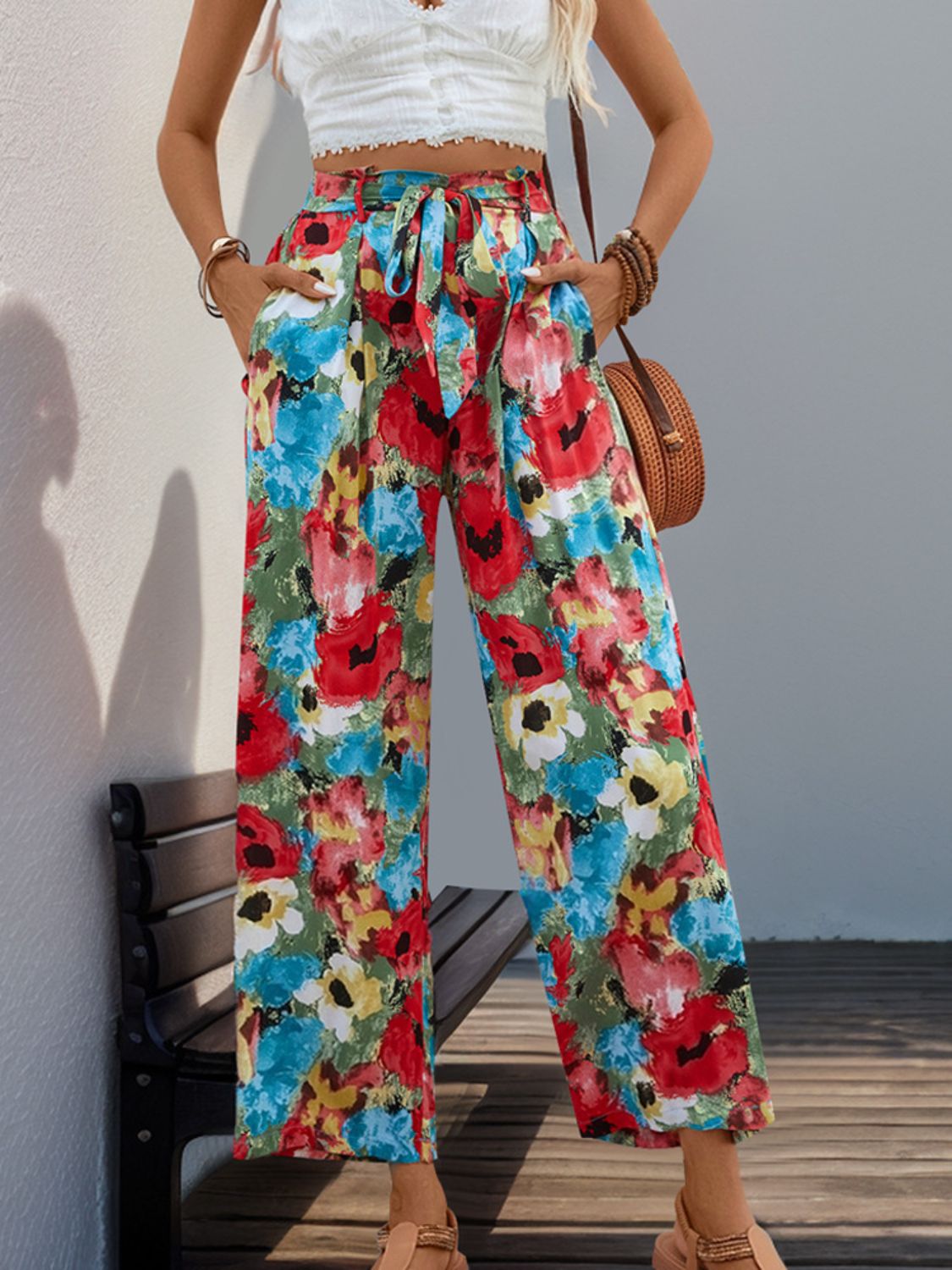 Blue Zone Planet | Perfee Tied Printed Wide Leg Pants-BOTTOMS SIZES SMALL MEDIUM LARGE-[Adult]-[Female]-2022 Online Blue Zone Planet