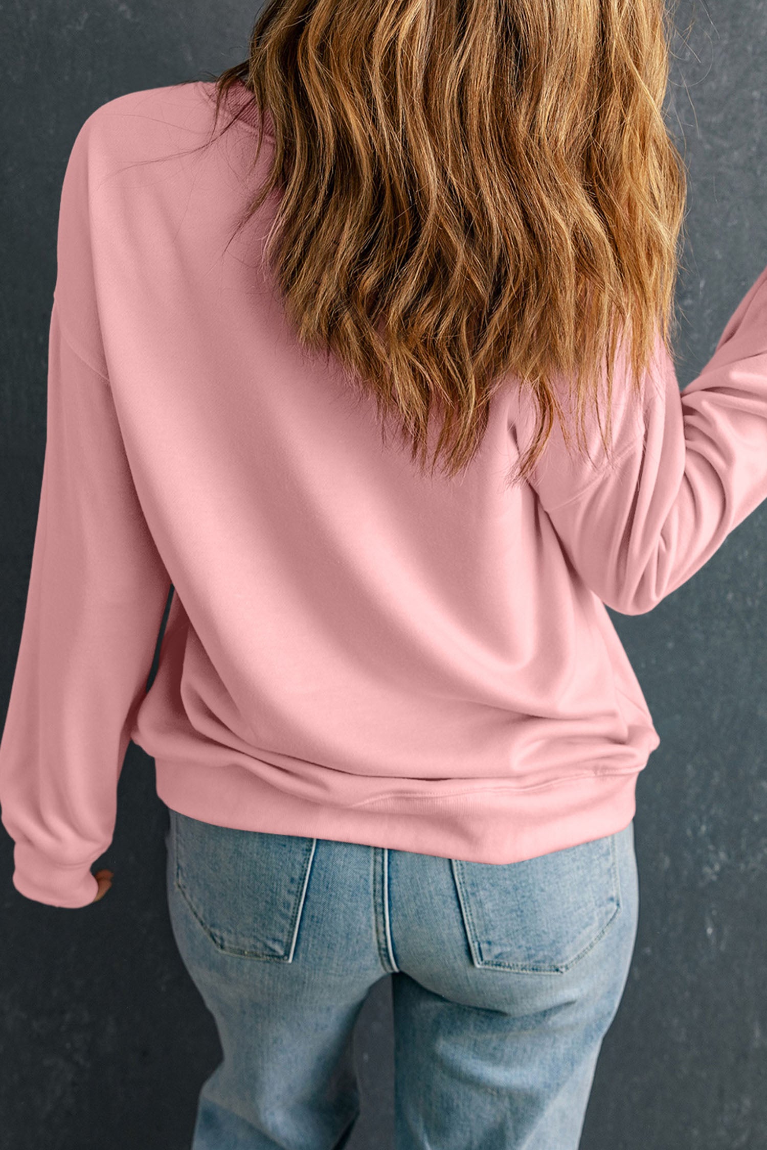 Pink XOXO Sequin Heart Patched Valentines Day Drop Shoulder Sweatshirt-Graphic Sweatshirts-[Adult]-[Female]-2022 Online Blue Zone Planet