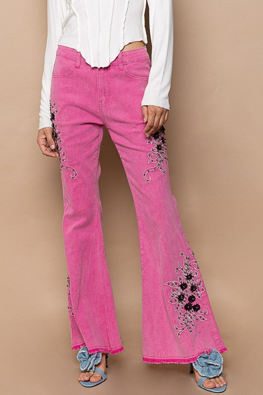 Blue Zone Planet | POL Raw Hem Embroidered Flare Pants-BOTTOMS SIZES SMALL MEDIUM LARGE-[Adult]-[Female]-Hot Pink-S-2022 Online Blue Zone Planet