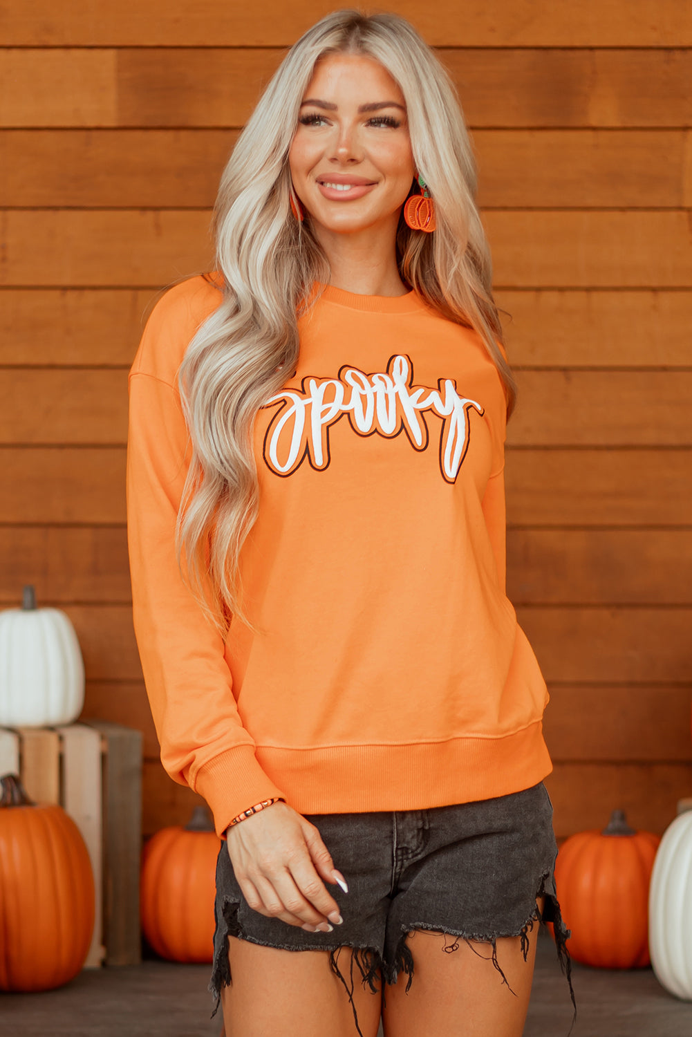 Grapefruit Orange Spooky Graphic Halloween Crew Neck Holiday Sweatshirt-Tops/Sweatshirts & Hoodies-[Adult]-[Female]-2022 Online Blue Zone Planet