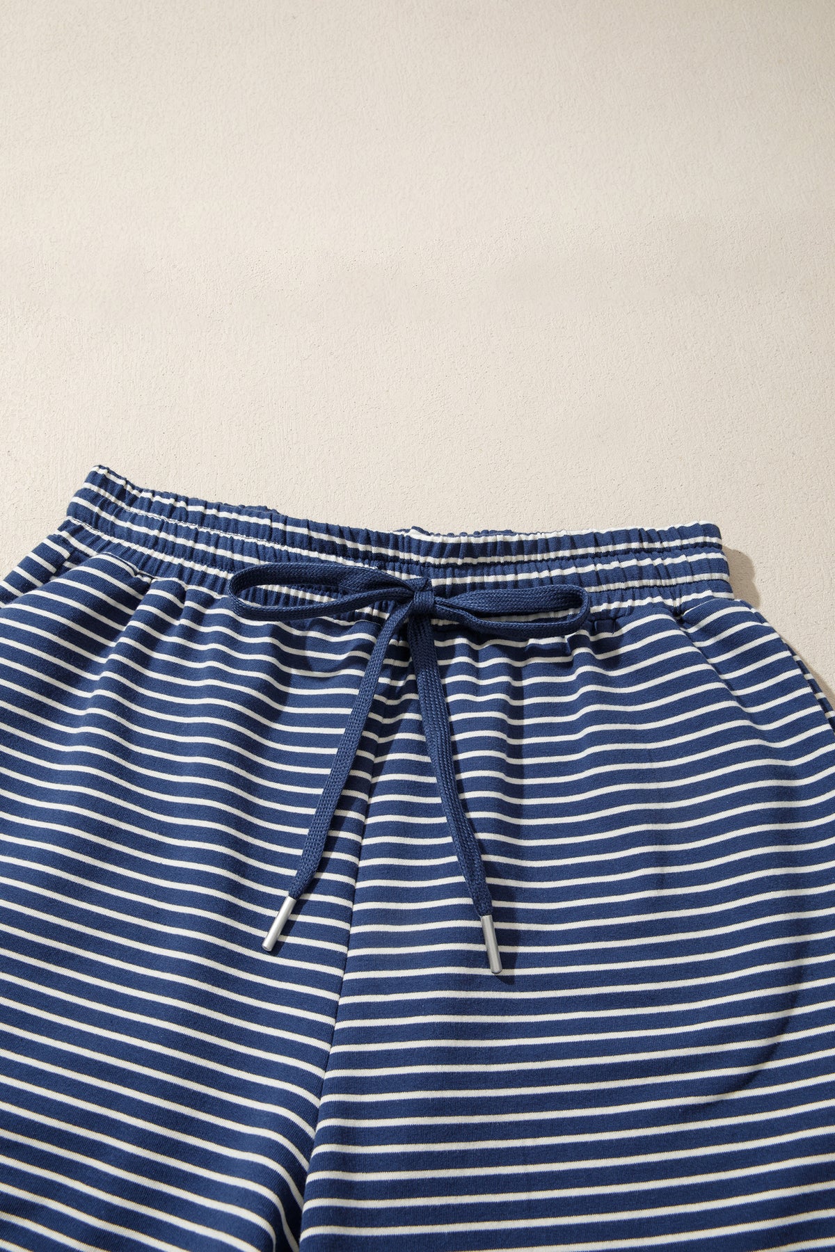 Blue Stripe Ribbed Patchwork Mock Neck Baggy Pullover Matching Shorts Set-Two Piece Sets/Short Sets-[Adult]-[Female]-2022 Online Blue Zone Planet