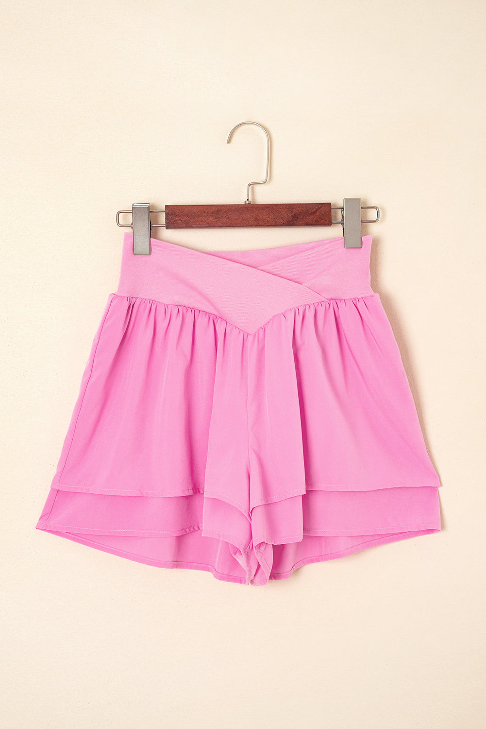 Bright Pink Crossed Waist Tiered Flowy Shorts-Bottoms/Casual Shorts-[Adult]-[Female]-2022 Online Blue Zone Planet