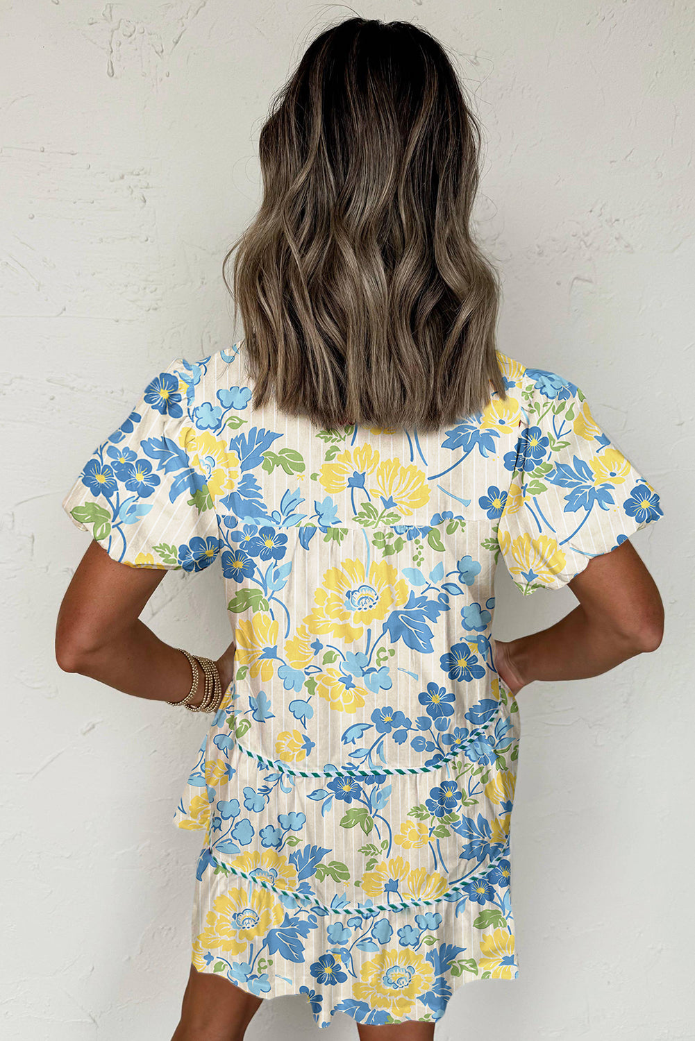 Blue Floral Striped Trim Puff Short Sleeve Dress-TOPS / DRESSES-[Adult]-[Female]-2022 Online Blue Zone Planet