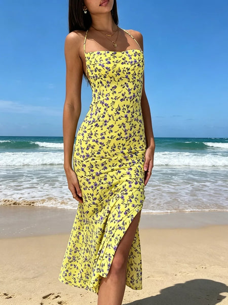 Tamara's Floral Print Halter Neck Backless Slit Midi Dress  Blue Zone  Planet