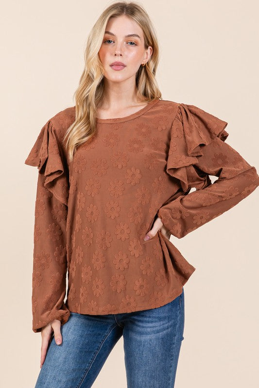 Blue Zone Planet | BOMBOM Ruffled Flower Round Neck Blouse-TOPS / DRESSES-[Adult]-[Female]-Brown-S-2022 Online Blue Zone Planet