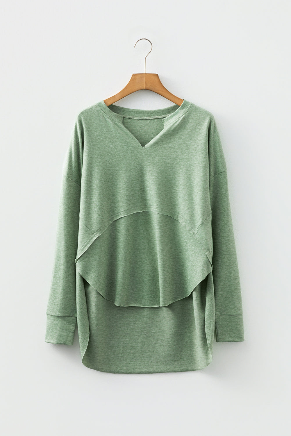 Smoke Green Notched Neck Terry Raw Hem Long Sleeve Top-Tops/Long Sleeve Tops-[Adult]-[Female]-2022 Online Blue Zone Planet