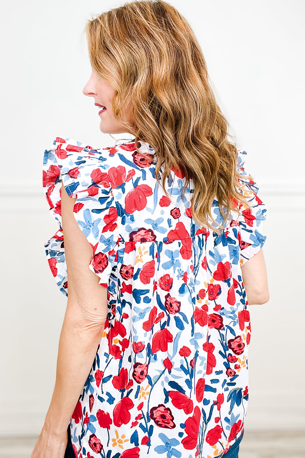 Red Flowers Pintuck Detail V-Neck Ruffled Sleeve Top-Tops/Blouses & Shirts-[Adult]-[Female]-2022 Online Blue Zone Planet