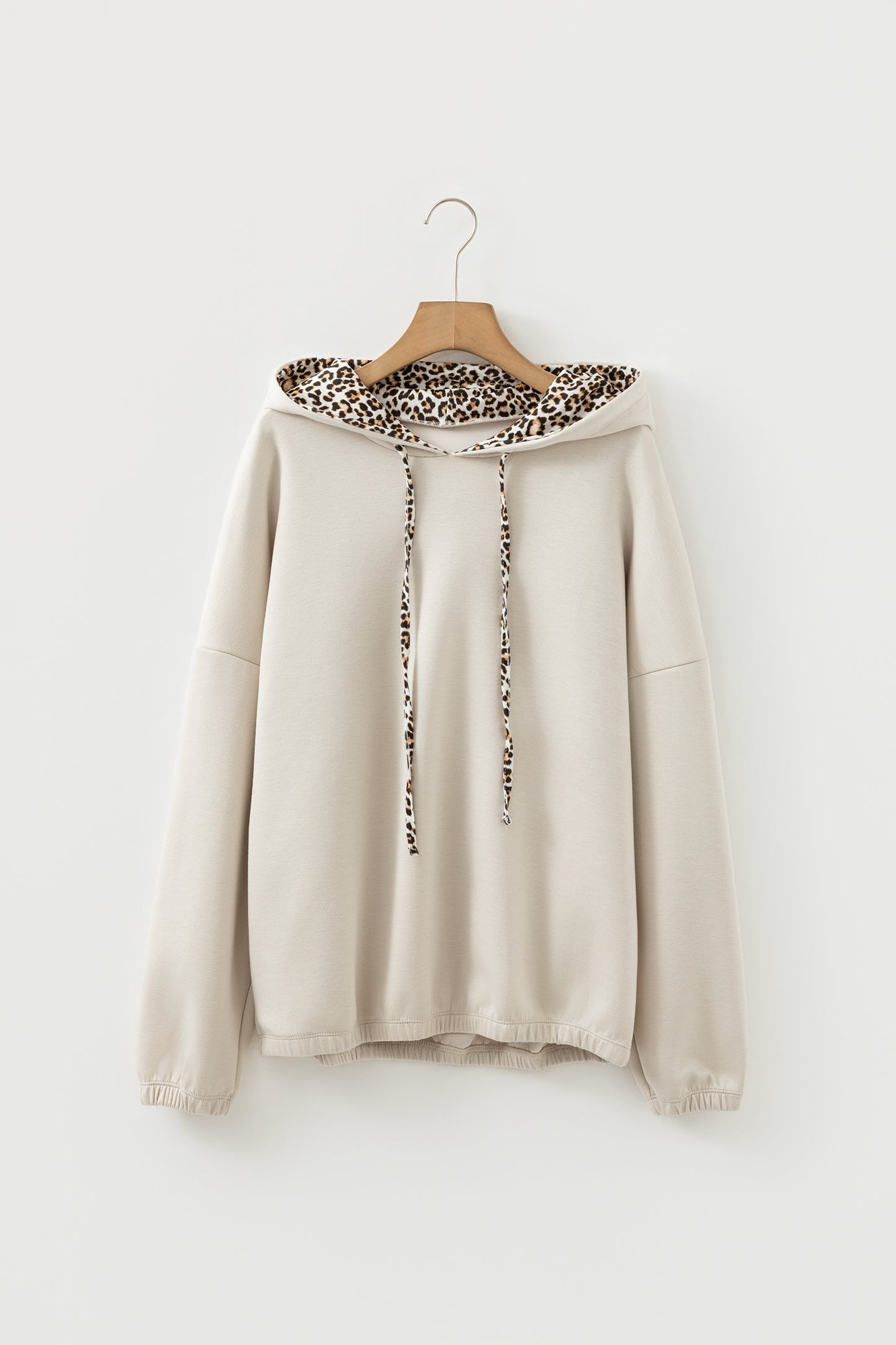 Black Leopard Contrast Drawstring Hood Drop Shoulder Loose Top