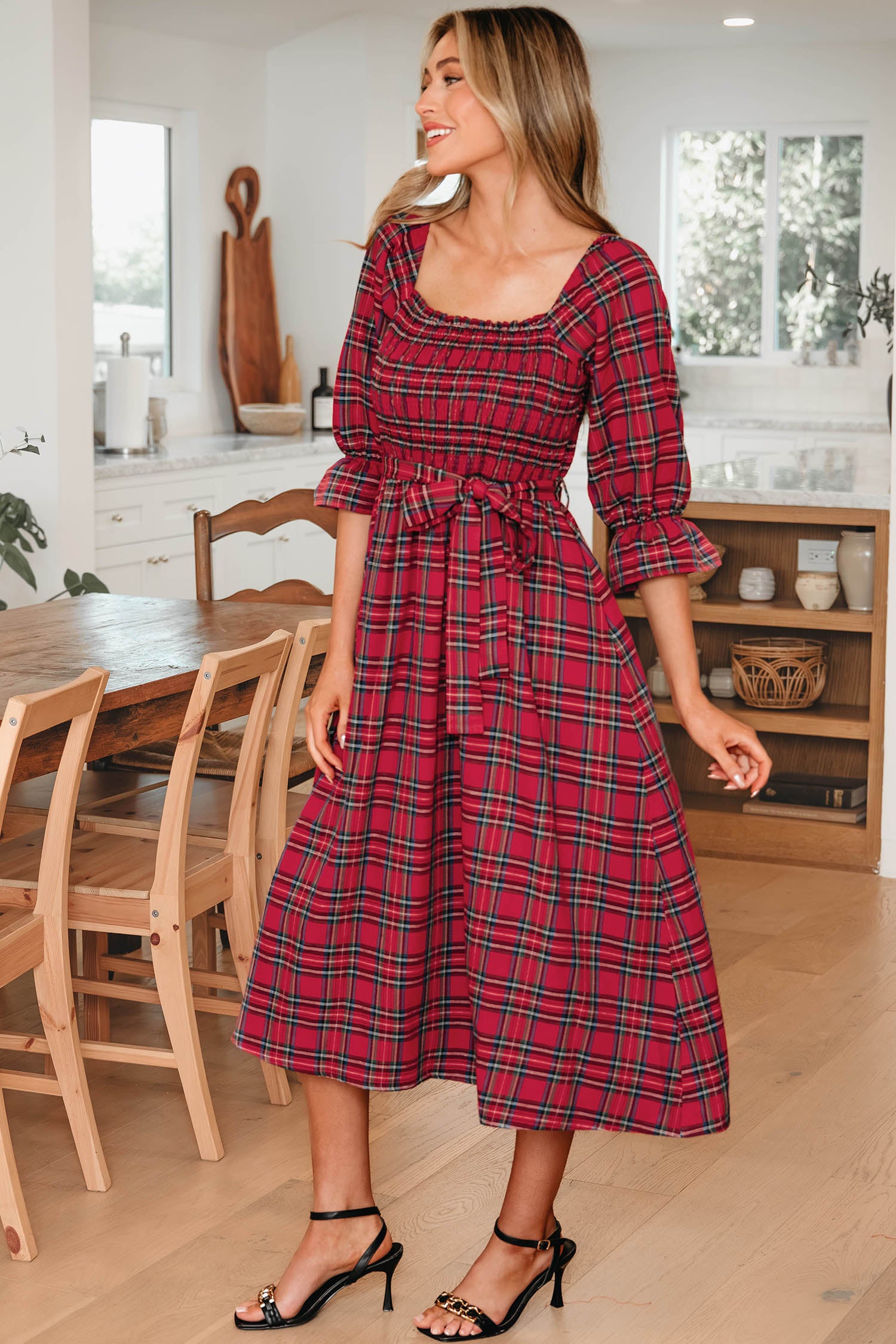 Red Tartan Plaid Square Neck Puff Sleeve Knot Waist Flared Midi Dress-TOPS / DRESSES-[Adult]-[Female]-2022 Online Blue Zone Planet