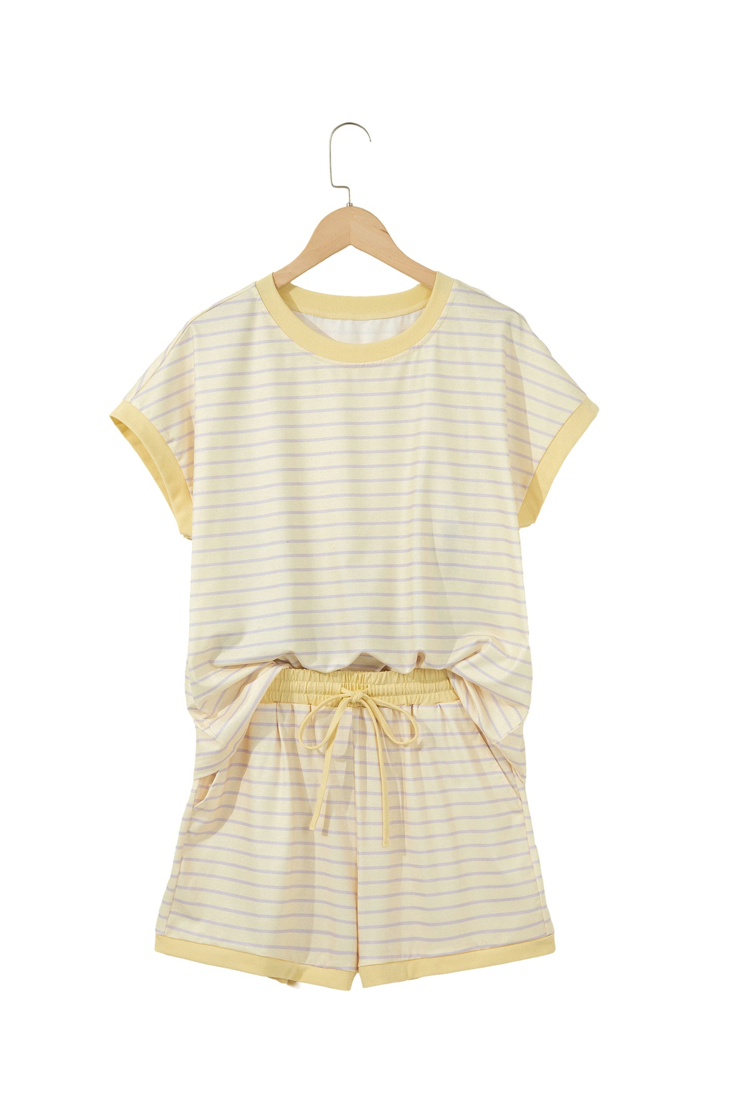 Yellow Stripe Relaxed Tee Drawstring Shorts 2pcs Outfit-Two Piece Sets/Short Sets-[Adult]-[Female]-2022 Online Blue Zone Planet