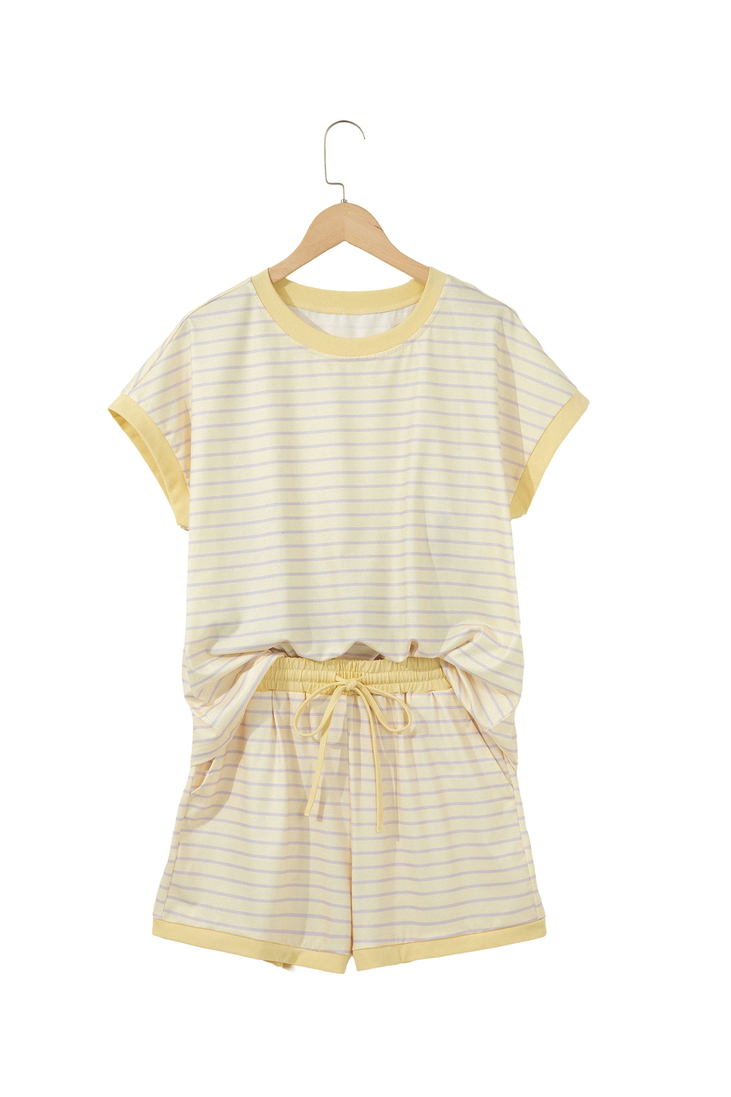 Yellow Stripe Relaxed Tee Drawstring Shorts 2pcs Outfit-Two Piece Sets/Short Sets-[Adult]-[Female]-2022 Online Blue Zone Planet