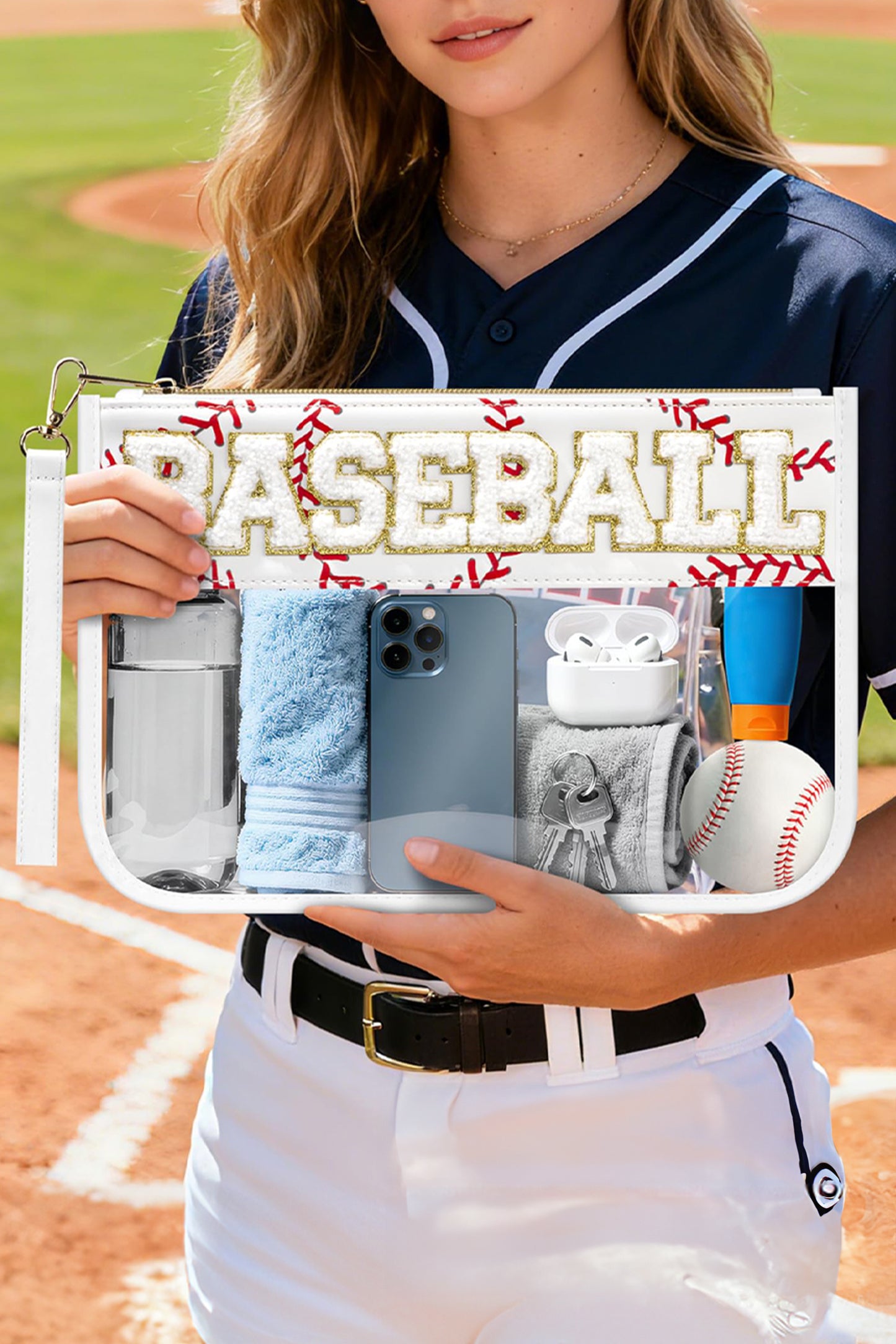 White BASEBALL Chenille Letter Patch Game Day Stadium Clear PVC Cosmetic Bag