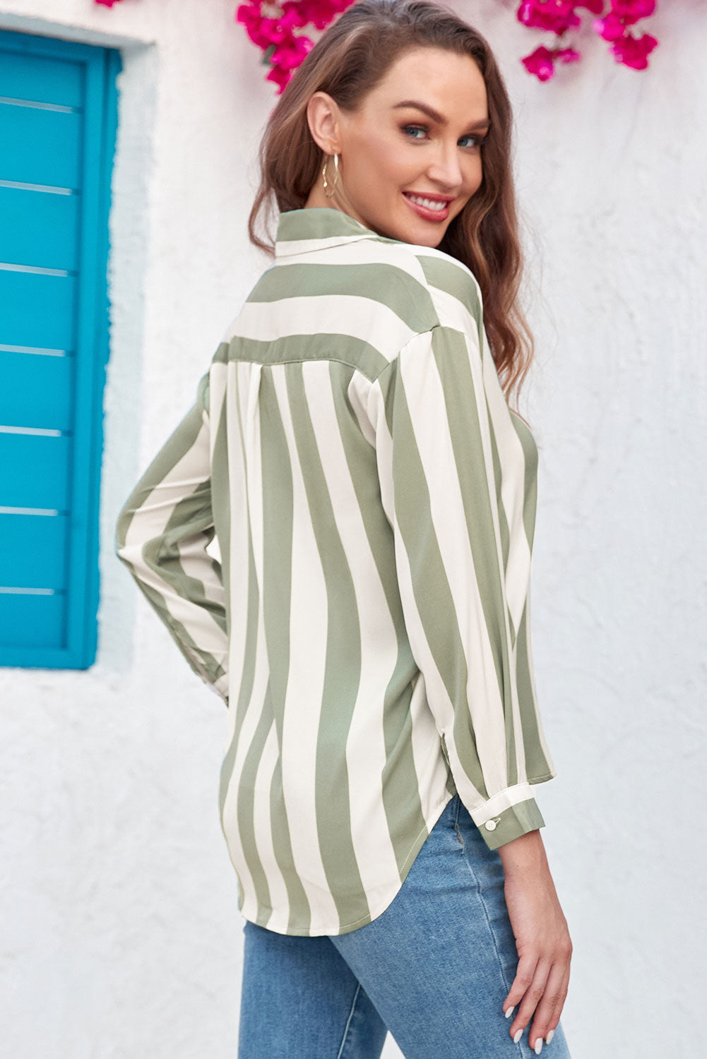 Green Striped Soft Relaxed Button Up Shirt-Tops/Blouses & Shirts-[Adult]-[Female]-2022 Online Blue Zone Planet