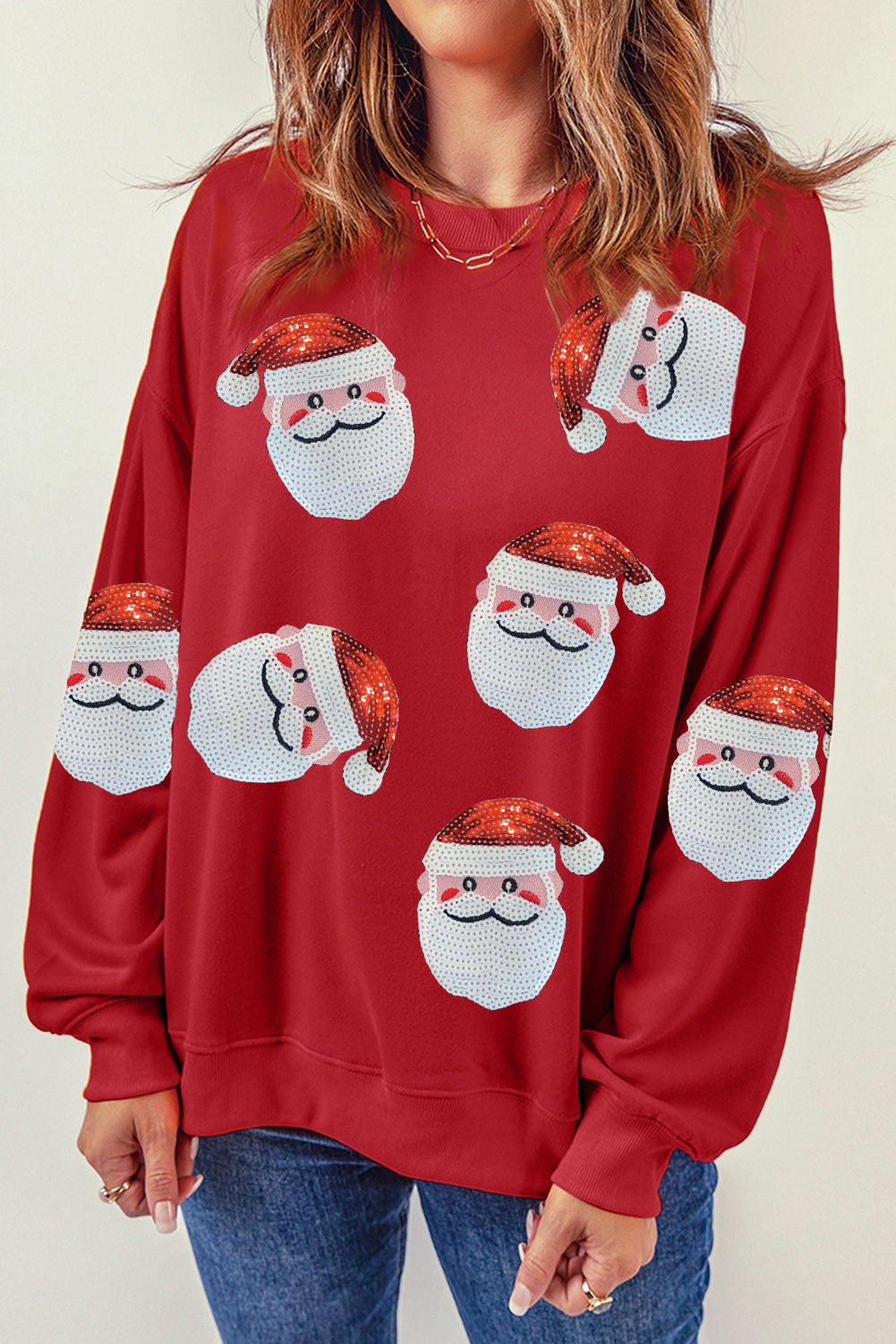 Red Sequins Santa Claus Graphic Christmas Sweatshirt-Graphic Sweatshirts-[Adult]-[Female]-Red-2-S-2022 Online Blue Zone Planet