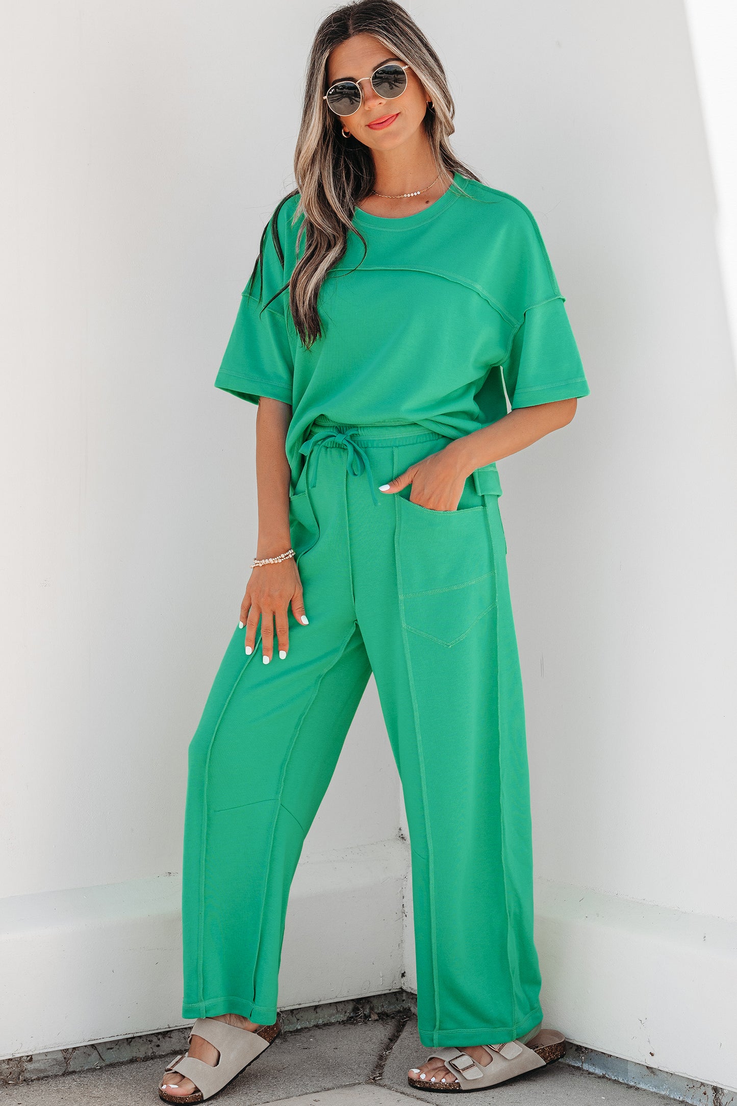 Sky Blue Drop Shoulder Boxy Tee and Barrel Pants Set-Two Piece Sets/Pant Sets-[Adult]-[Female]-2022 Online Blue Zone Planet