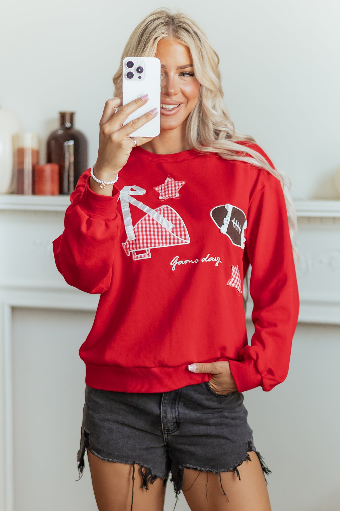 Racing Red Gingham Patch Embroidered Rugby Game Day Stars Sweatshirt-Tops/Sweatshirts & Hoodies-[Adult]-[Female]-2022 Online Blue Zone Planet