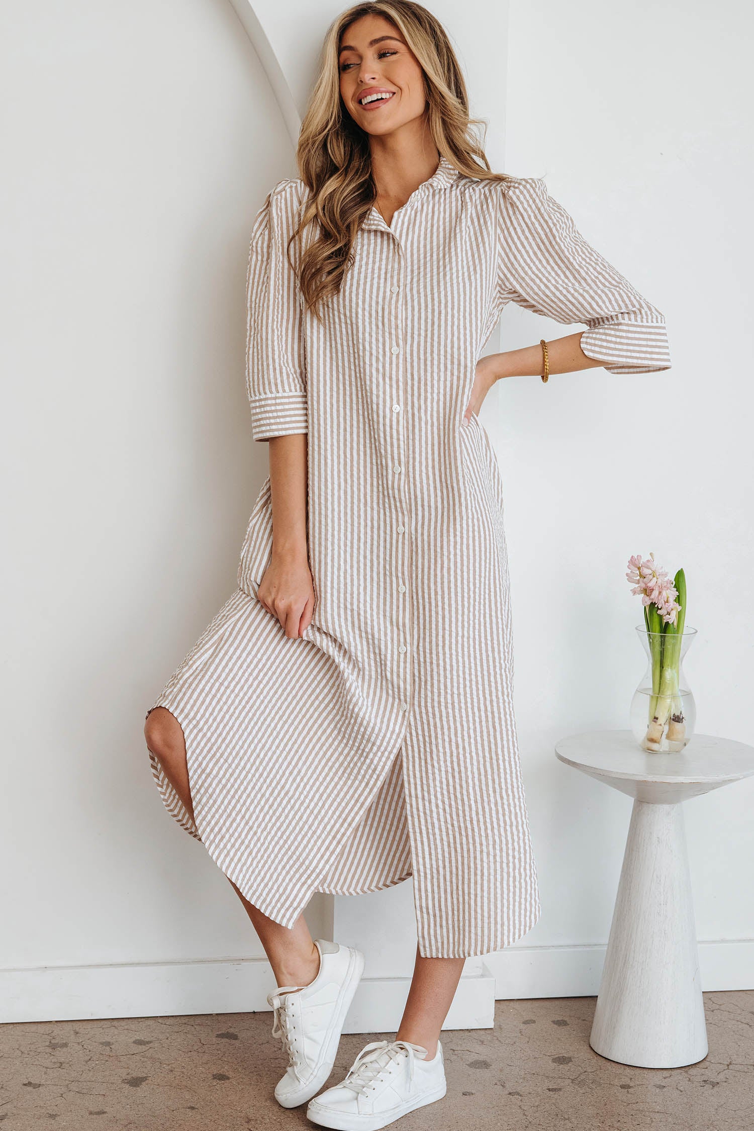 Khaki Stripe Frilled Collar Half Sleeve Shirt Maxi Dress-TOPS / DRESSES-[Adult]-[Female]-2022 Online Blue Zone Planet