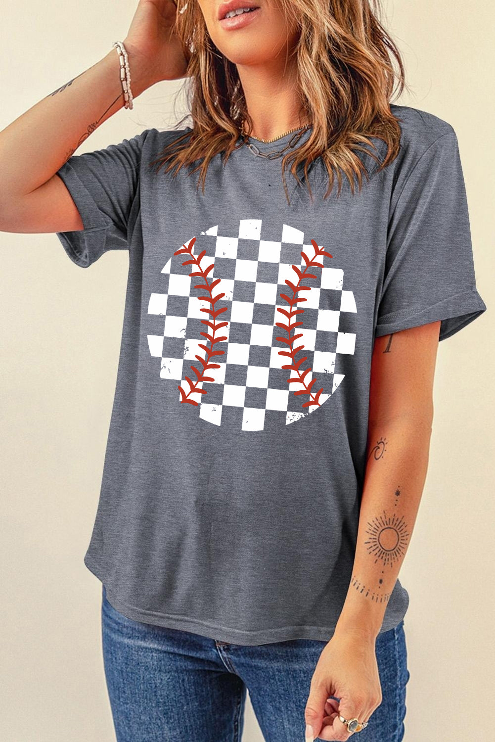Gray Vintage Checkered Baseball Graphic Tee-Graphic/Graphic Tees-[Adult]-[Female]-2022 Online Blue Zone Planet