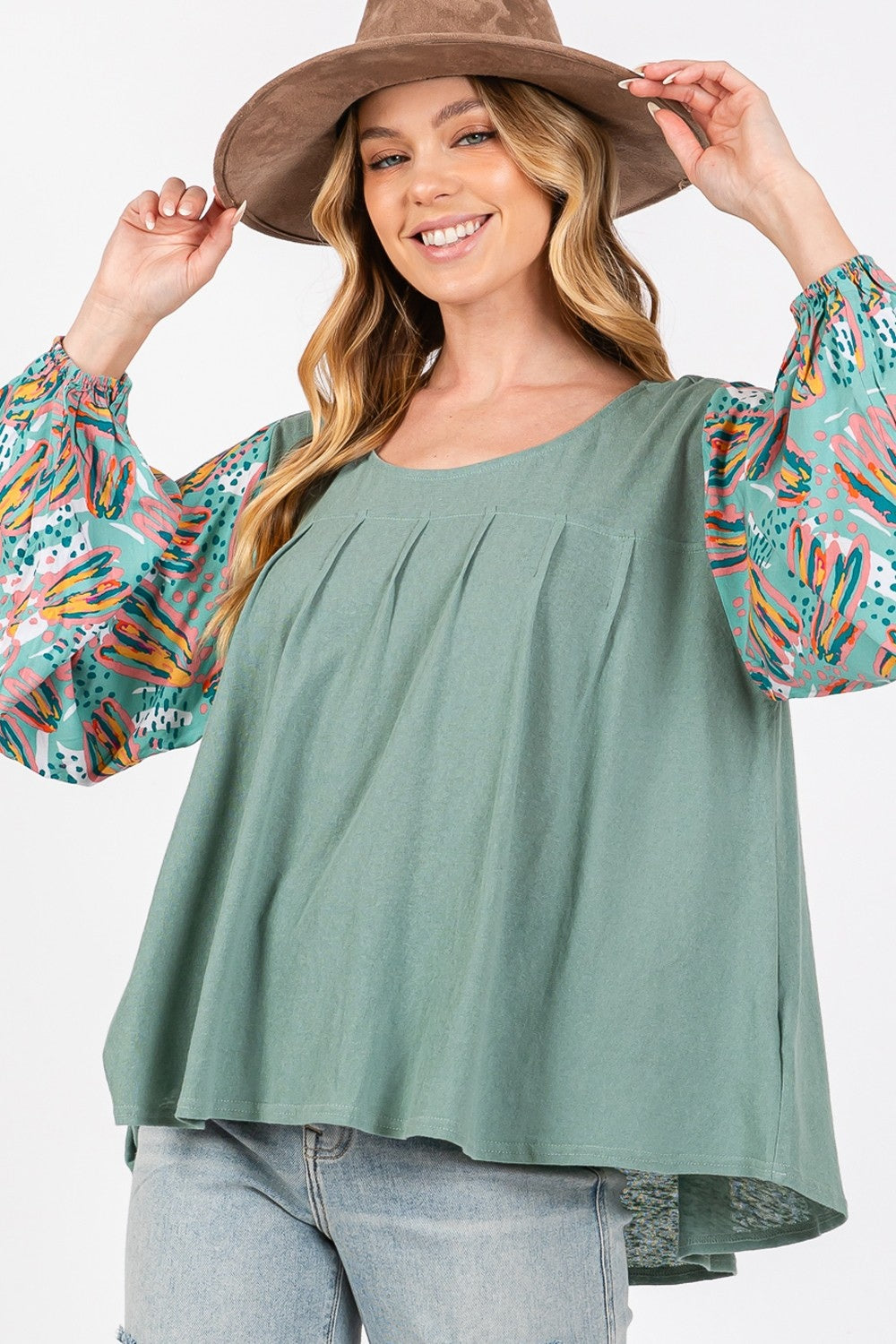 SAGE + FIG Ruched Round Neck Printed Bubble Sleeve Top-TOPS / DRESSES-[Adult]-[Female]-2022 Online Blue Zone Planet