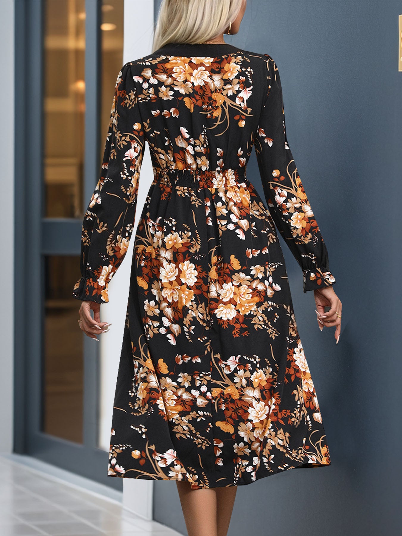 Printed Notched Long Sleeve Midi Dress-TOPS / DRESSES-[Adult]-[Female]-2022 Online Blue Zone Planet