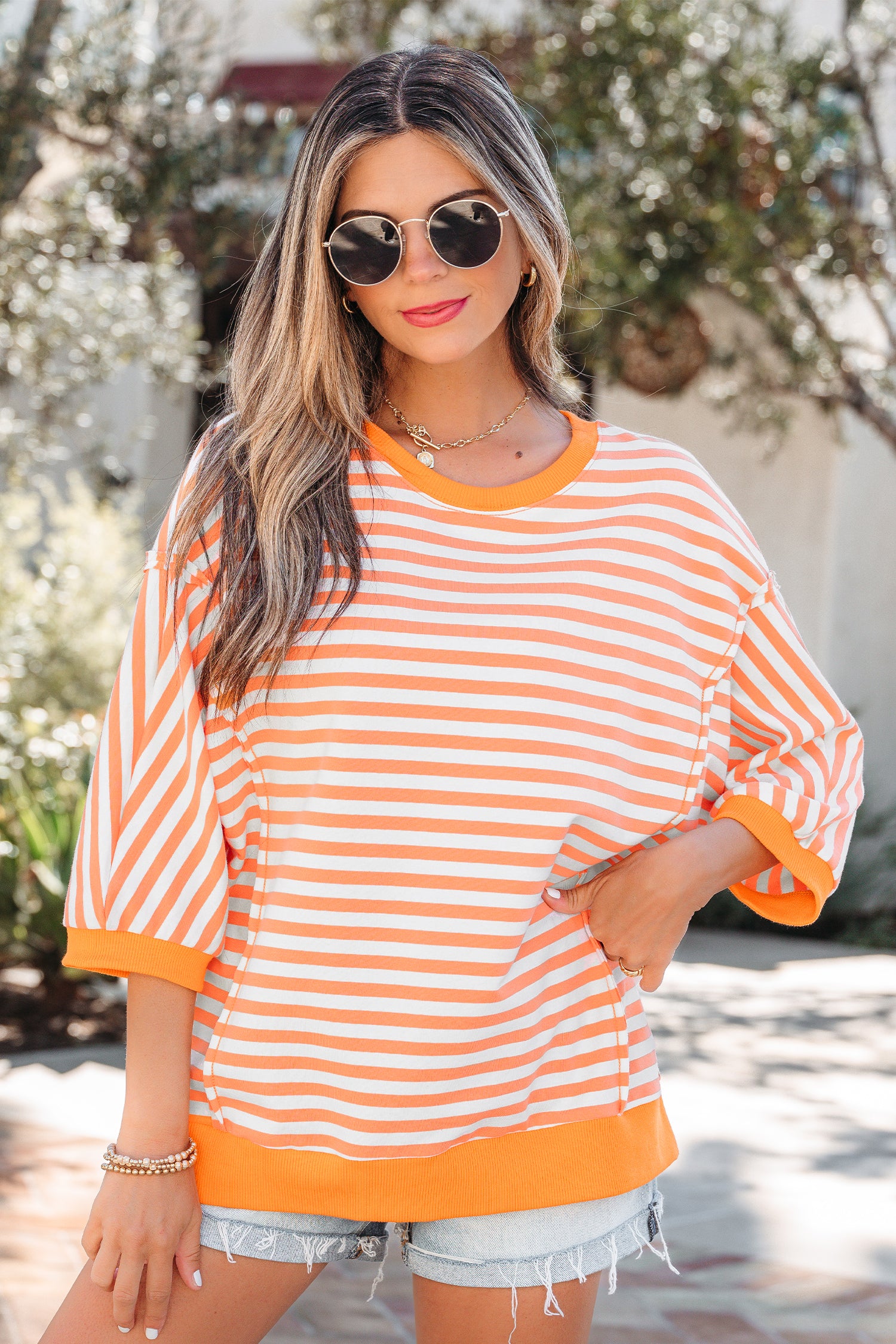 Orange Stripe 3/4 Sleeve Exposed Seam Patchwork Pullover Top-Tops/Tops & Tees-[Adult]-[Female]-2022 Online Blue Zone Planet