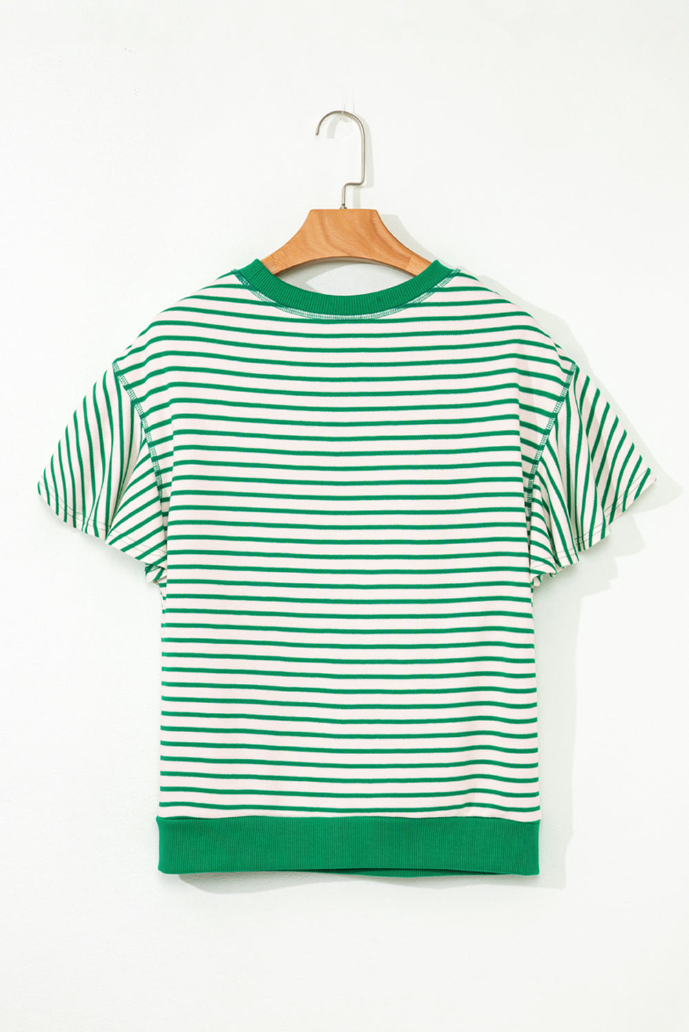 Bright Green Contrast Detail Striped Ruffle Short Sleeve Top-Tops/Blouses & Shirts-[Adult]-[Female]-2022 Online Blue Zone Planet
