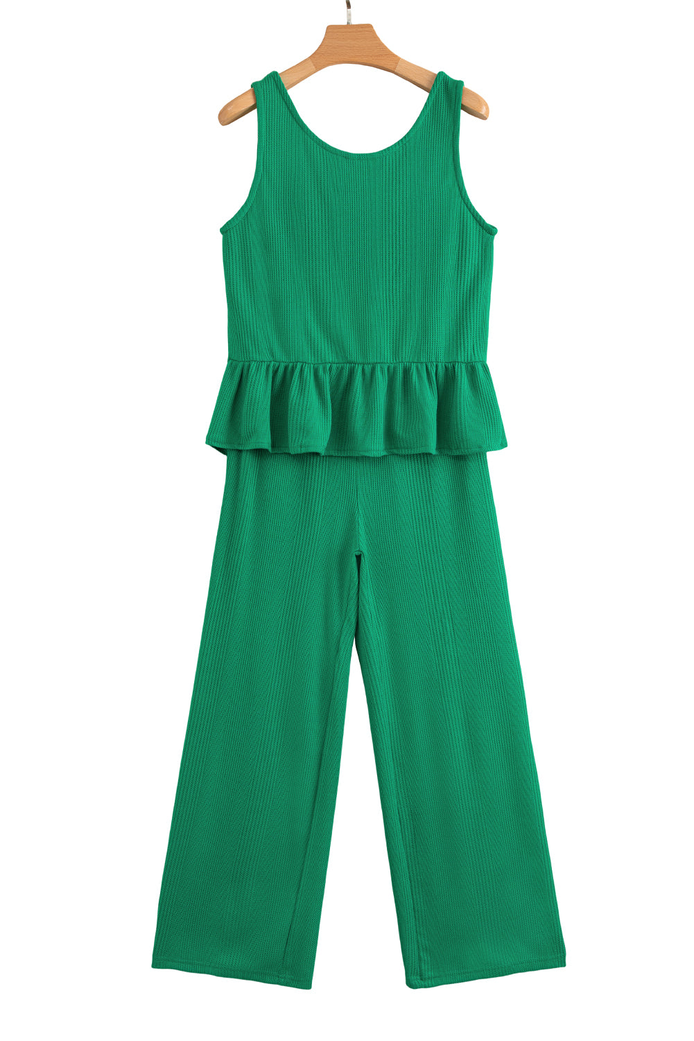 Green Solid Color Ribbed Ruffle Tank Top and Pants Set-Two Piece Sets/Pant Sets-[Adult]-[Female]-2022 Online Blue Zone Planet
