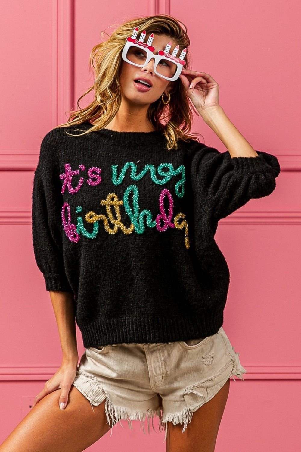 BiBi Metallic Letter Puff Sleeve Hairy Sweater-TOPS / DRESSES-[Adult]-[Female]-Black-S-2022 Online Blue Zone Planet