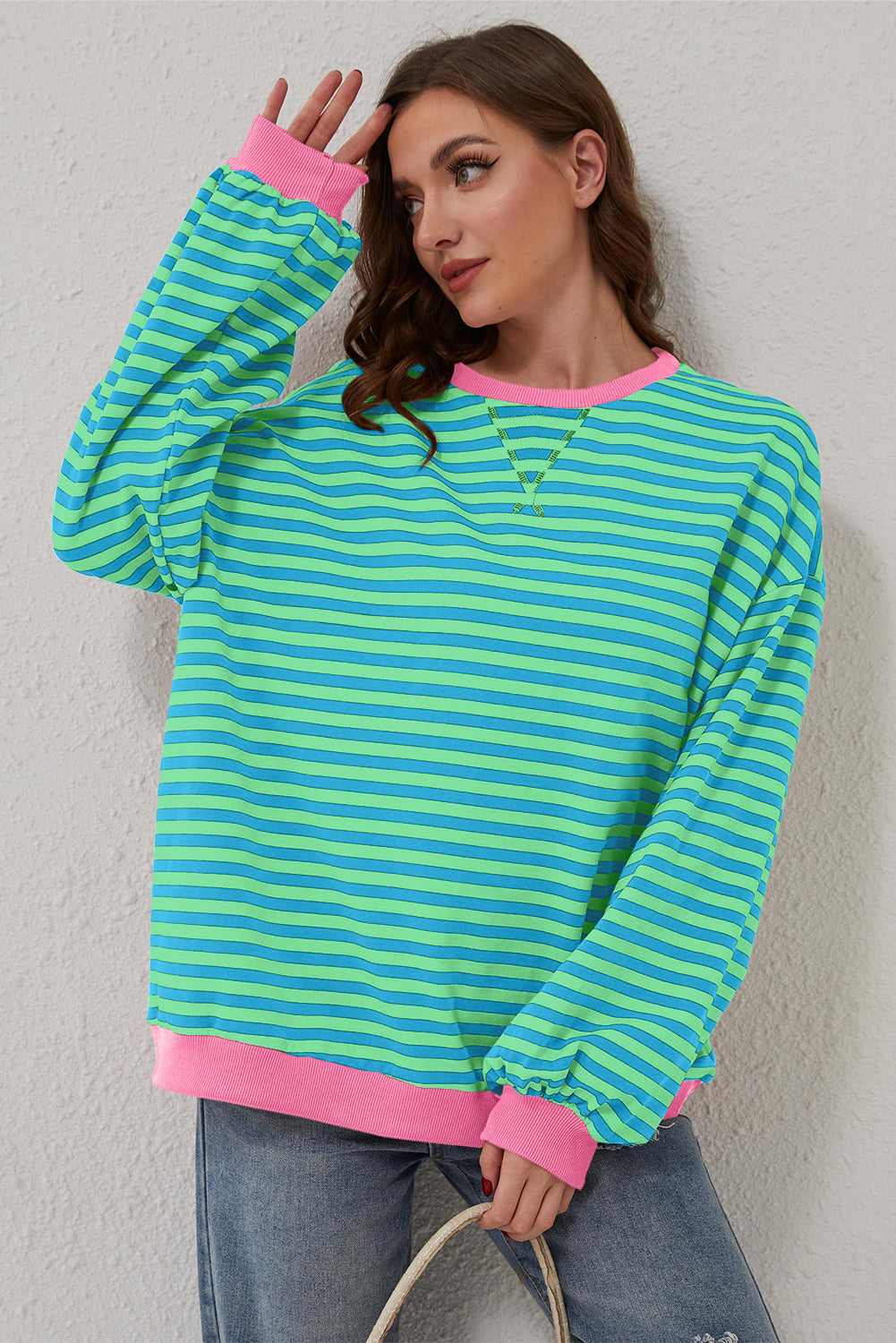 Sky Blue Stripe Oversized Contrast Trim Pullover Sweatshirt-Tops/Sweatshirts & Hoodies-[Adult]-[Female]-2022 Online Blue Zone Planet