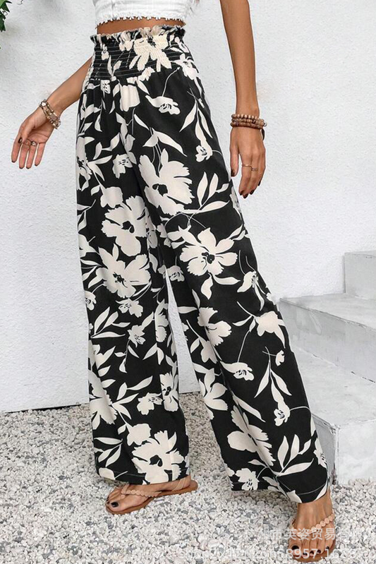Black Floral Print Smocked High Waist Wide Leg Pants-Bottoms/Pants & Culotte-[Adult]-[Female]-Black-S-2022 Online Blue Zone Planet
