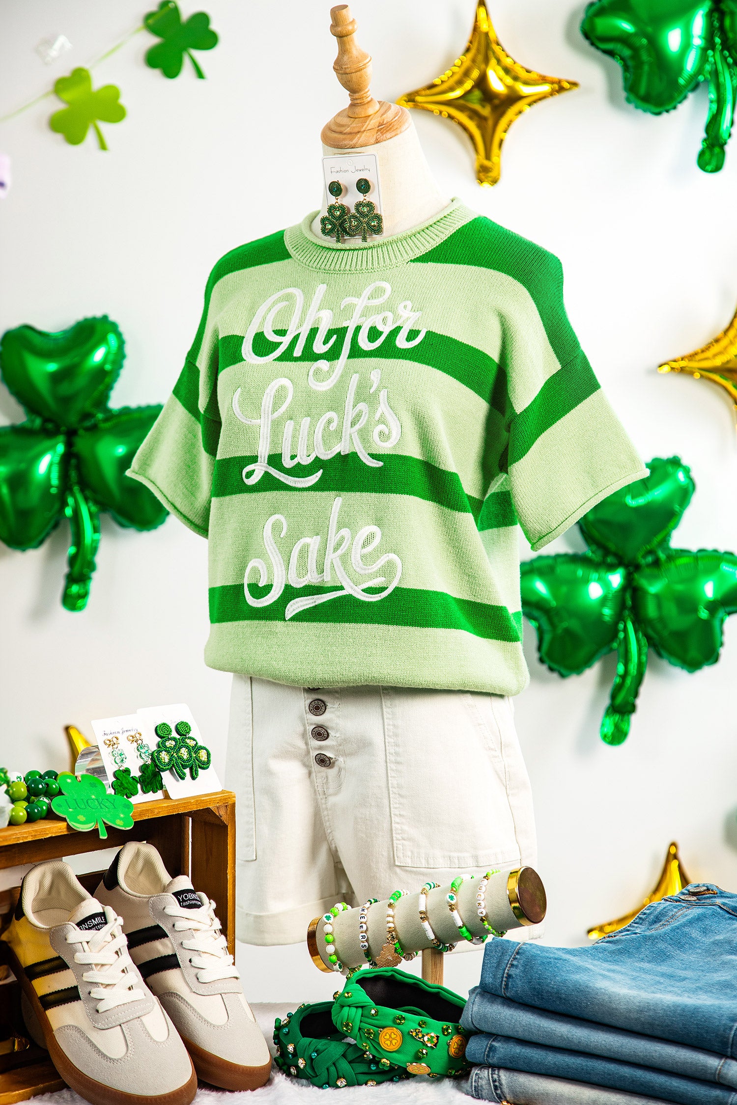 Green Stripe Oh for Lucks Sake St Patricks Day Short Sleeve Sweater-TOPS / DRESSES-[Adult]-[Female]-2022 Online Blue Zone Planet