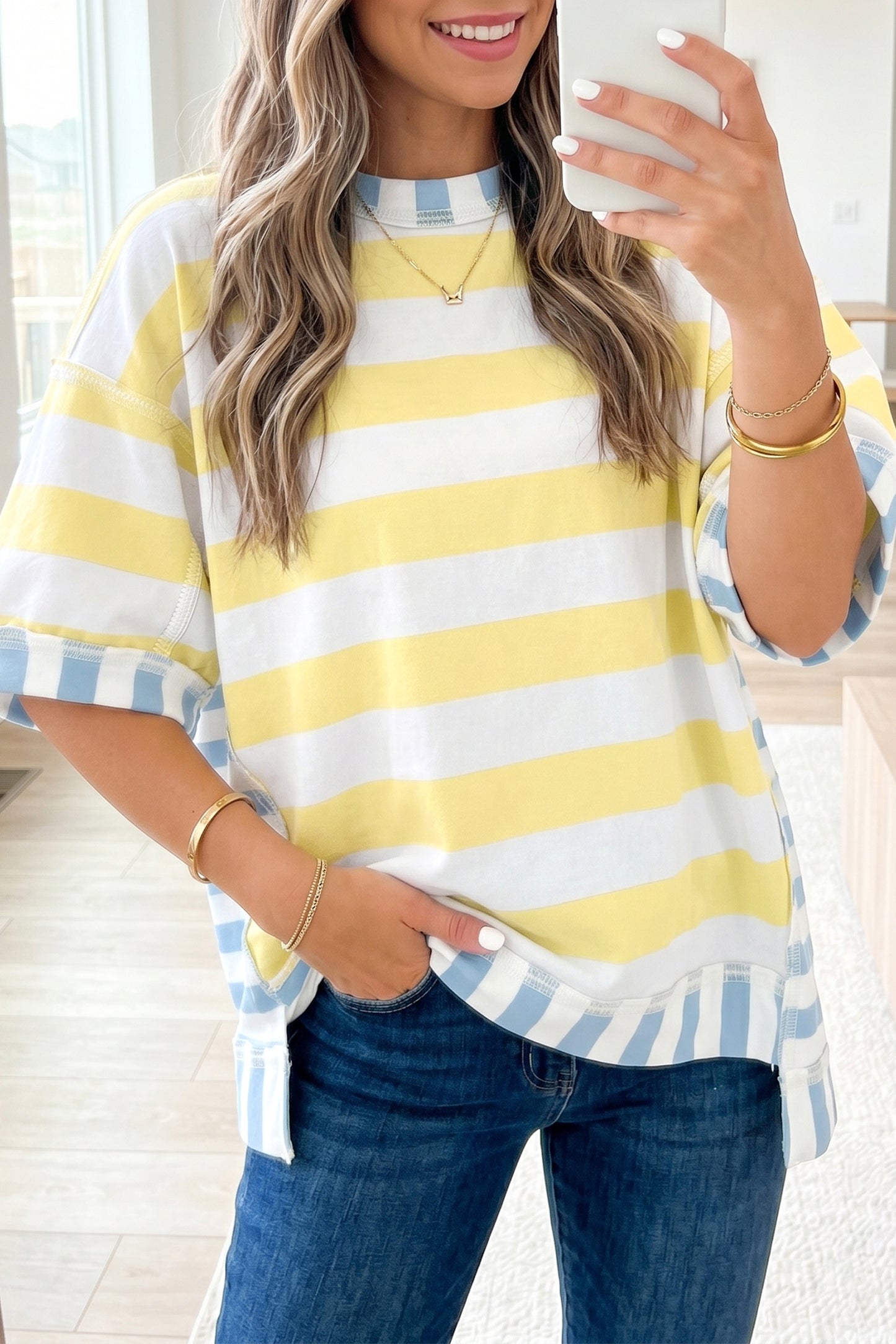 Pink Stripe Exposed Seam Contrast Patchwork Oversized Top-Tops/Tops & Tees-[Adult]-[Female]-2022 Online Blue Zone Planet