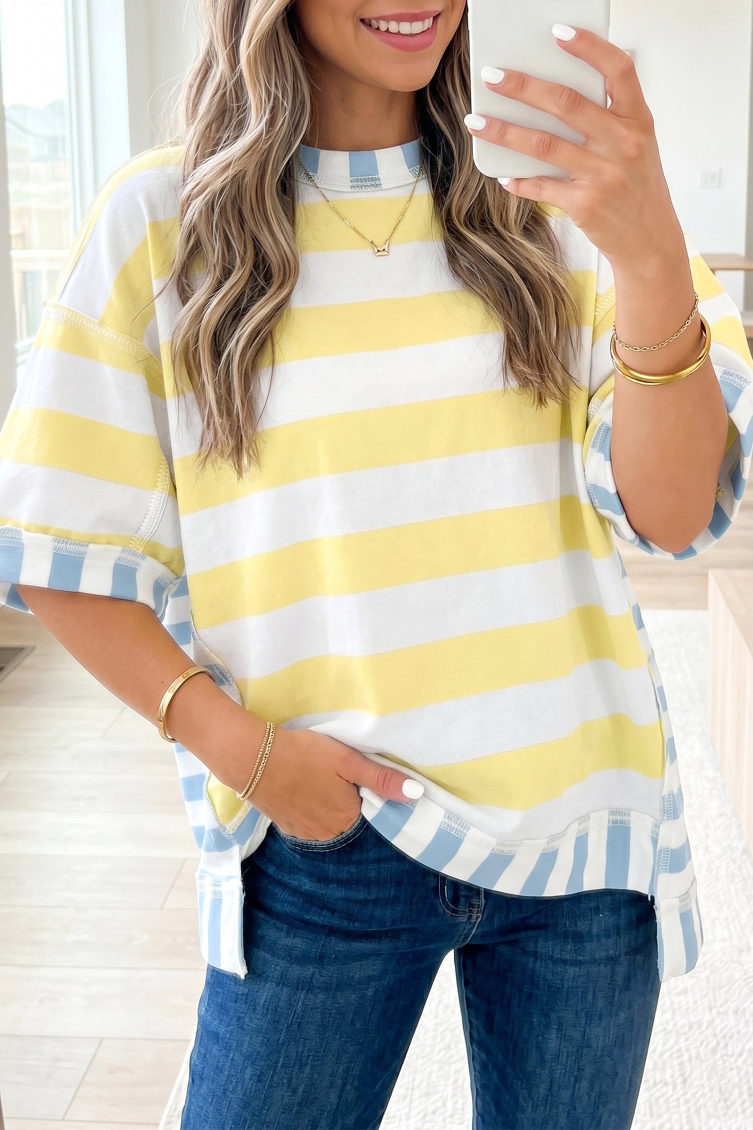 Pink Stripe Exposed Seam Contrast Patchwork Oversized Top-Tops/Tops & Tees-[Adult]-[Female]-2022 Online Blue Zone Planet
