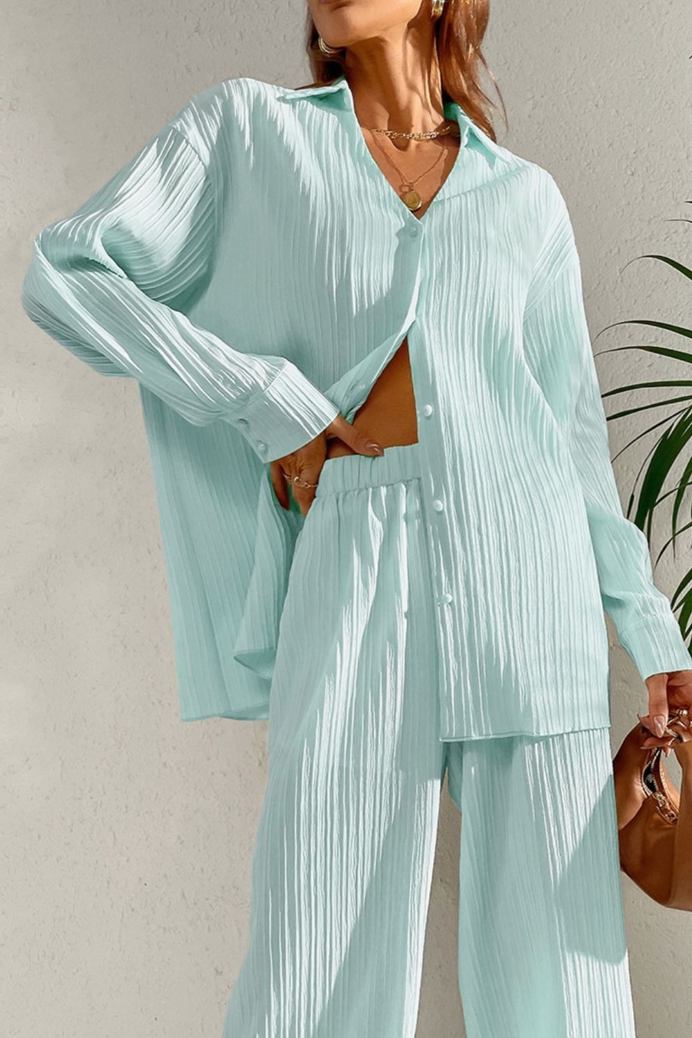 Johnny Collar Button Down Top and Pants Set-TOPS / DRESSES-[Adult]-[Female]-2022 Online Blue Zone Planet