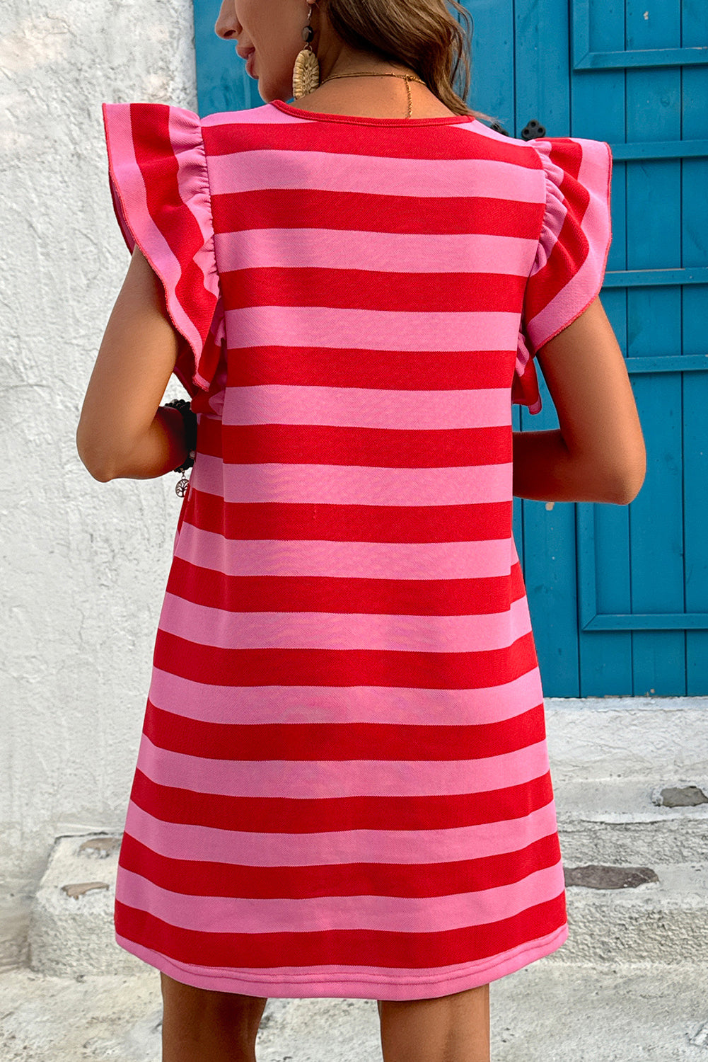 Red Stripe Flutter Sleeve Round Neck Shift Dress-TOPS / DRESSES-[Adult]-[Female]-2022 Online Blue Zone Planet