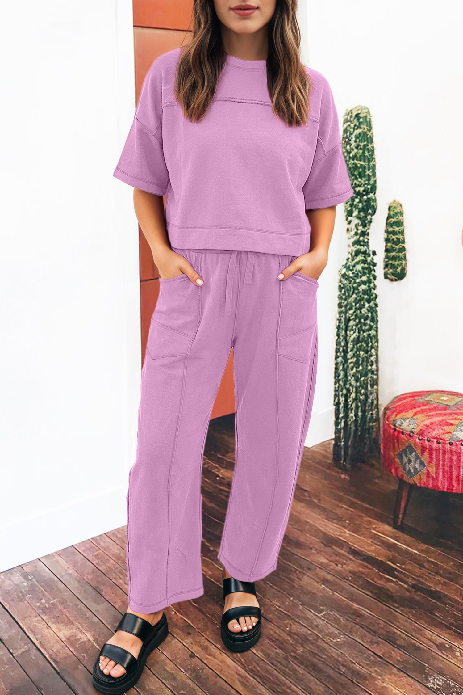Sky Blue Drop Shoulder Boxy Tee and Barrel Pants Set-Two Piece Sets/Pant Sets-[Adult]-[Female]-Orchid Bouquet-S-2022 Online Blue Zone Planet