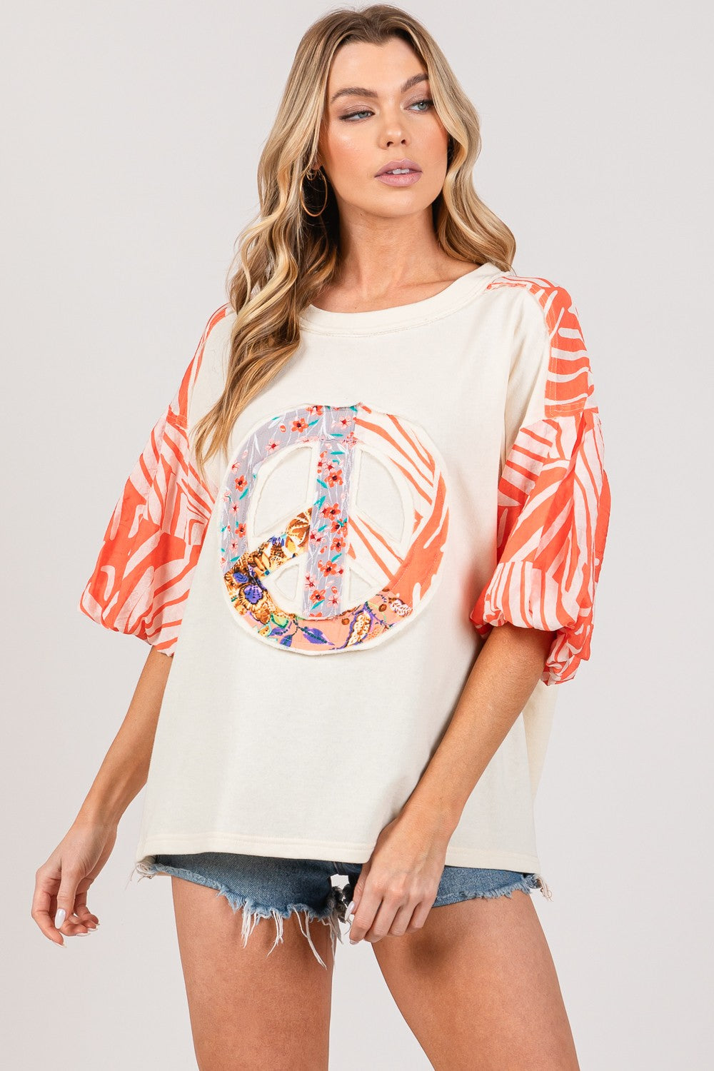 SAGE + FIG Peace Applique Patch with Zebra Print Contrast Top-TOPS / DRESSES-[Adult]-[Female]-Tangerine-S-2022 Online Blue Zone Planet