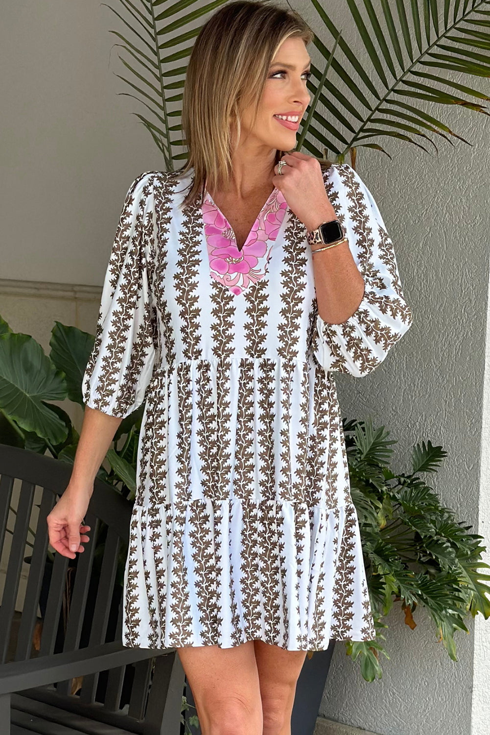Black Contrast Floral V Neck Printed Bracelet Sleeve Dress-TOPS / DRESSES-[Adult]-[Female]-2022 Online Blue Zone Planet
