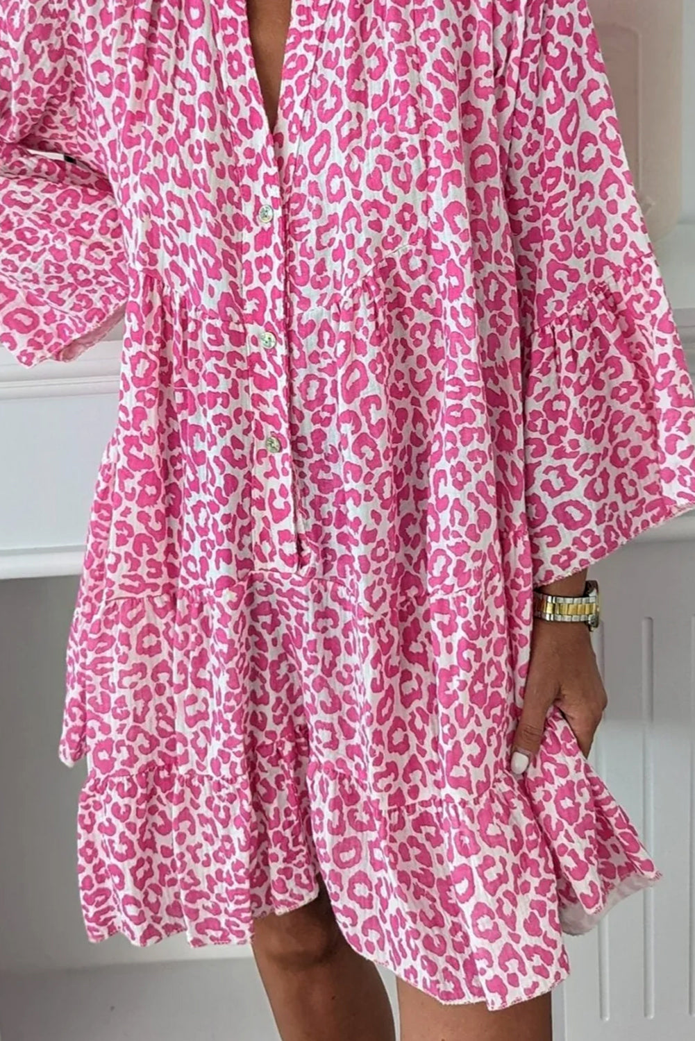 Bright Pink Leopard Printed Long Sleeve Buttoned Front Mini Dress-Dresses/Mini Dresses-[Adult]-[Female]-2022 Online Blue Zone Planet